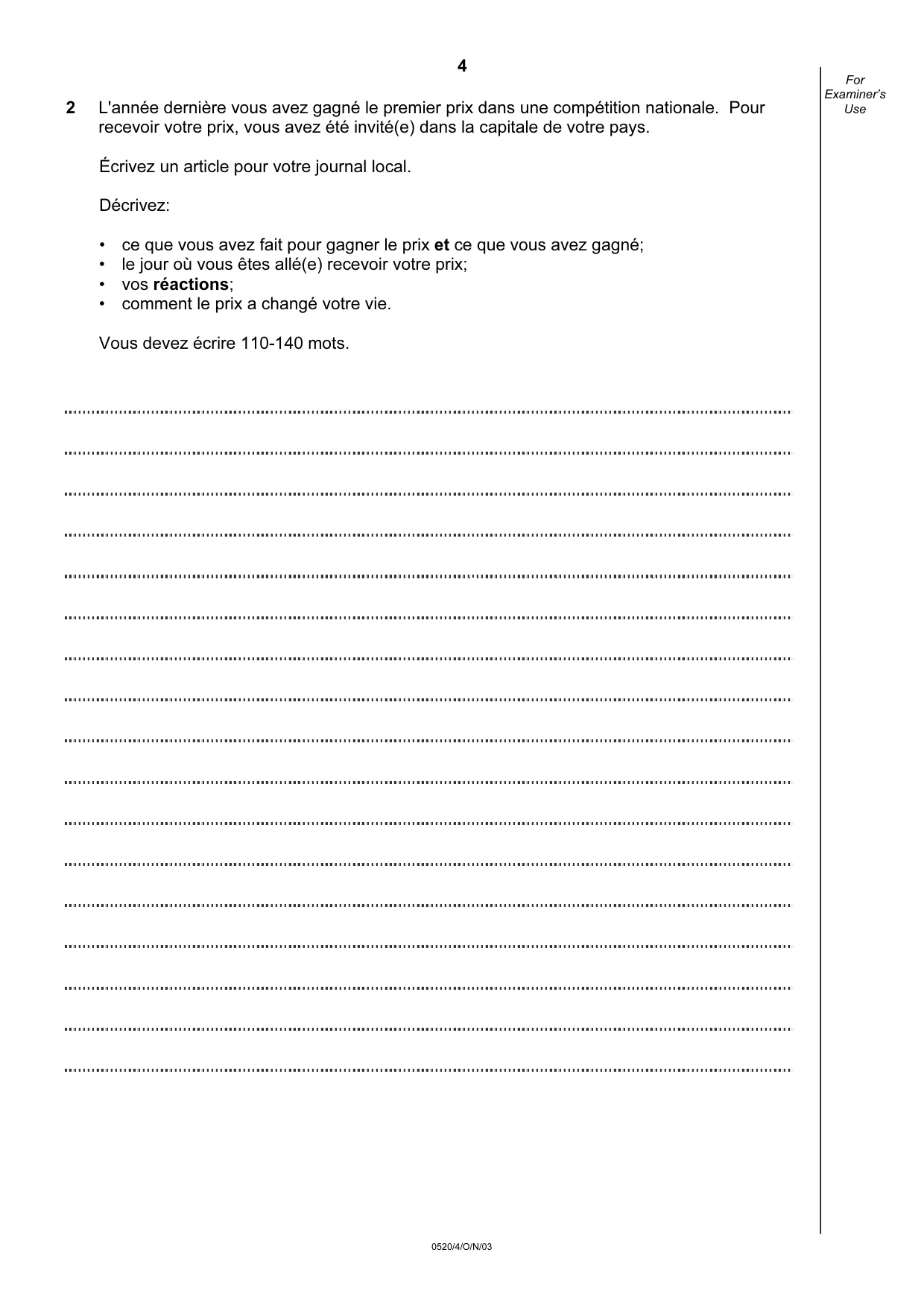 Cambridge IGCSE French - Foreign Language 0520 2003 Oct/Nov Paper 4 · Variant 1 question paper, page 4 of 4