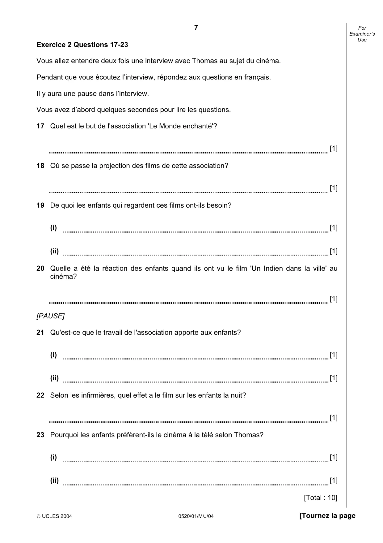 Cambridge IGCSE French - Foreign Language 0520 2004 May/June Paper 1 · Variant 1 question paper, page 7 of 12