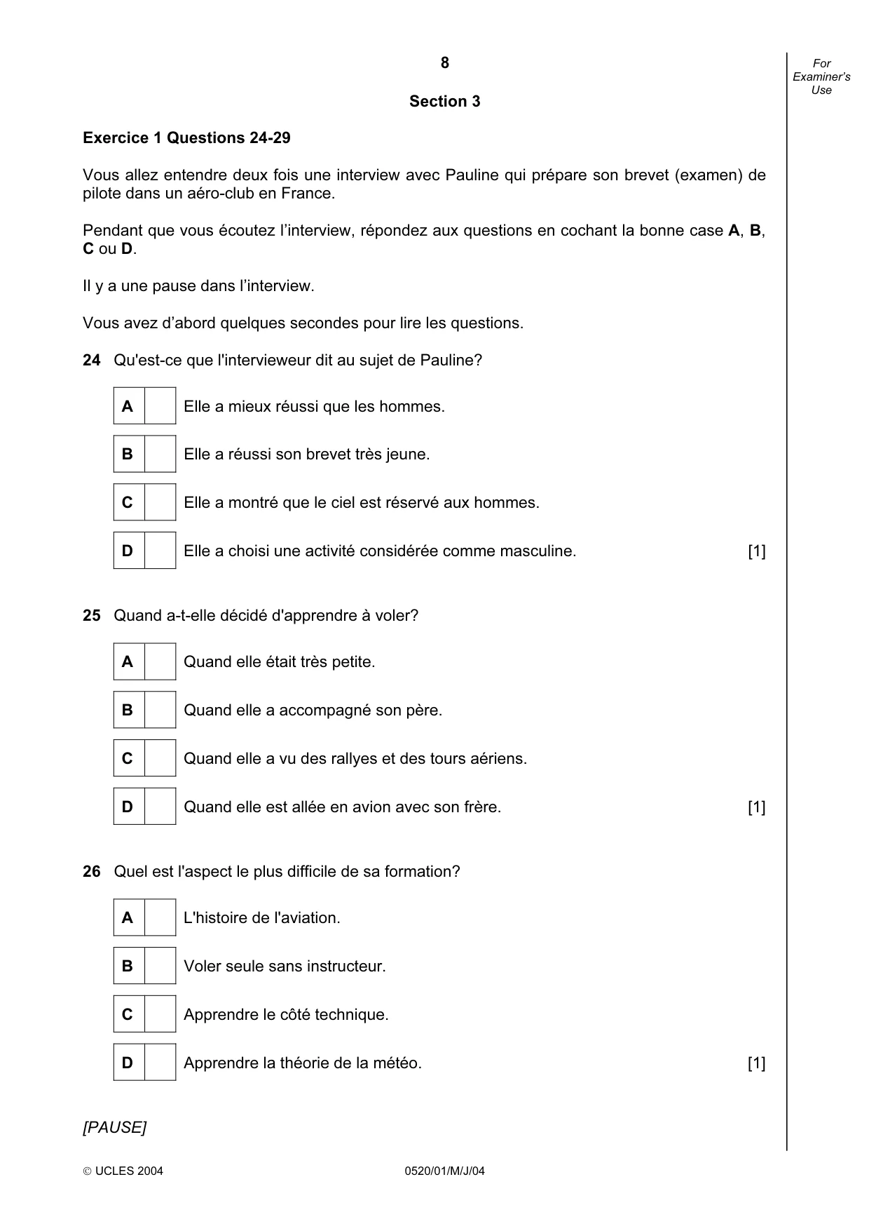 Cambridge IGCSE French - Foreign Language 0520 2004 May/June Paper 1 · Variant 1 question paper, page 8 of 12