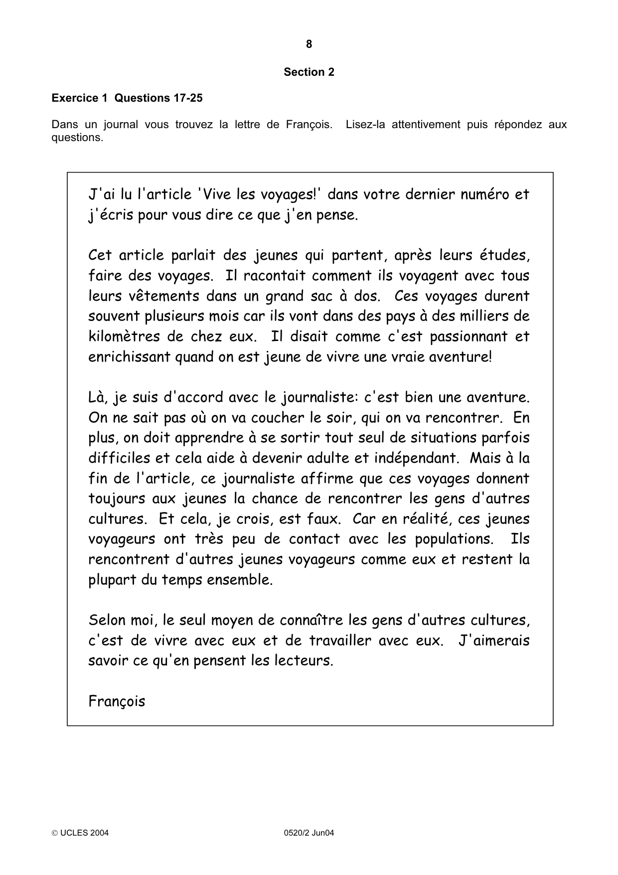 Cambridge IGCSE French - Foreign Language 0520 2004 May/June Paper 2 · Variant 1 question paper, page 8 of 16