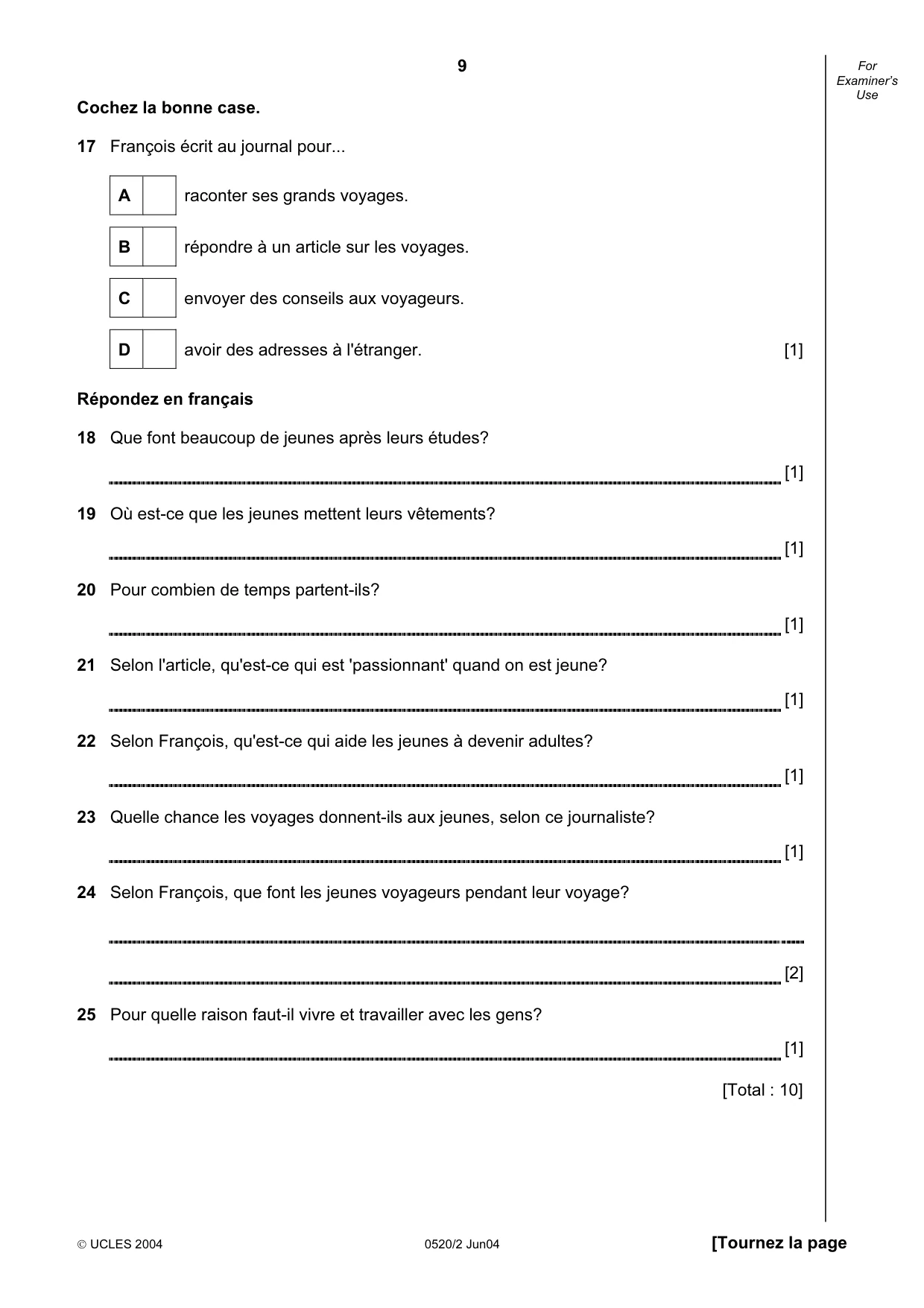Cambridge IGCSE French - Foreign Language 0520 2004 May/June Paper 2 · Variant 1 question paper, page 9 of 16