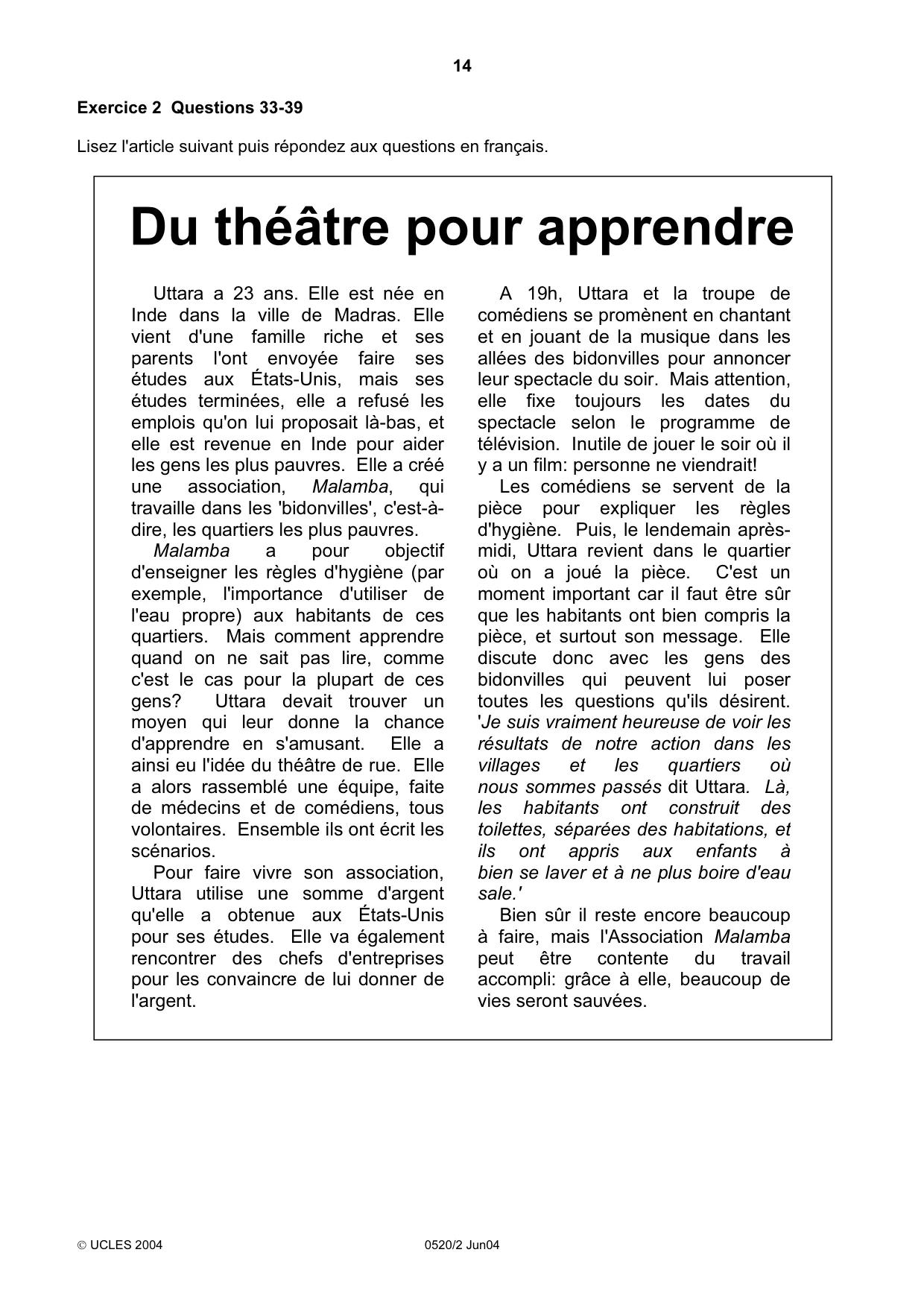 Cambridge IGCSE French - Foreign Language 0520 2004 May/June Paper 2 · Variant 1 question paper, page 14 of 16