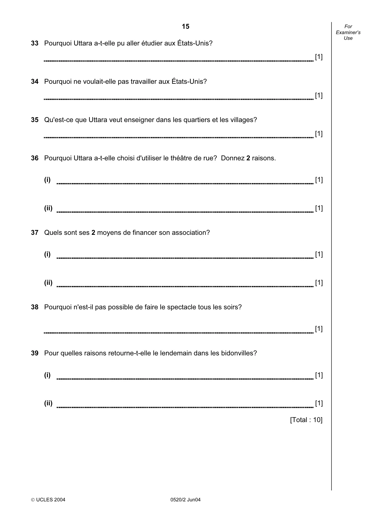 Cambridge IGCSE French - Foreign Language 0520 2004 May/June Paper 2 · Variant 1 question paper, page 15 of 16