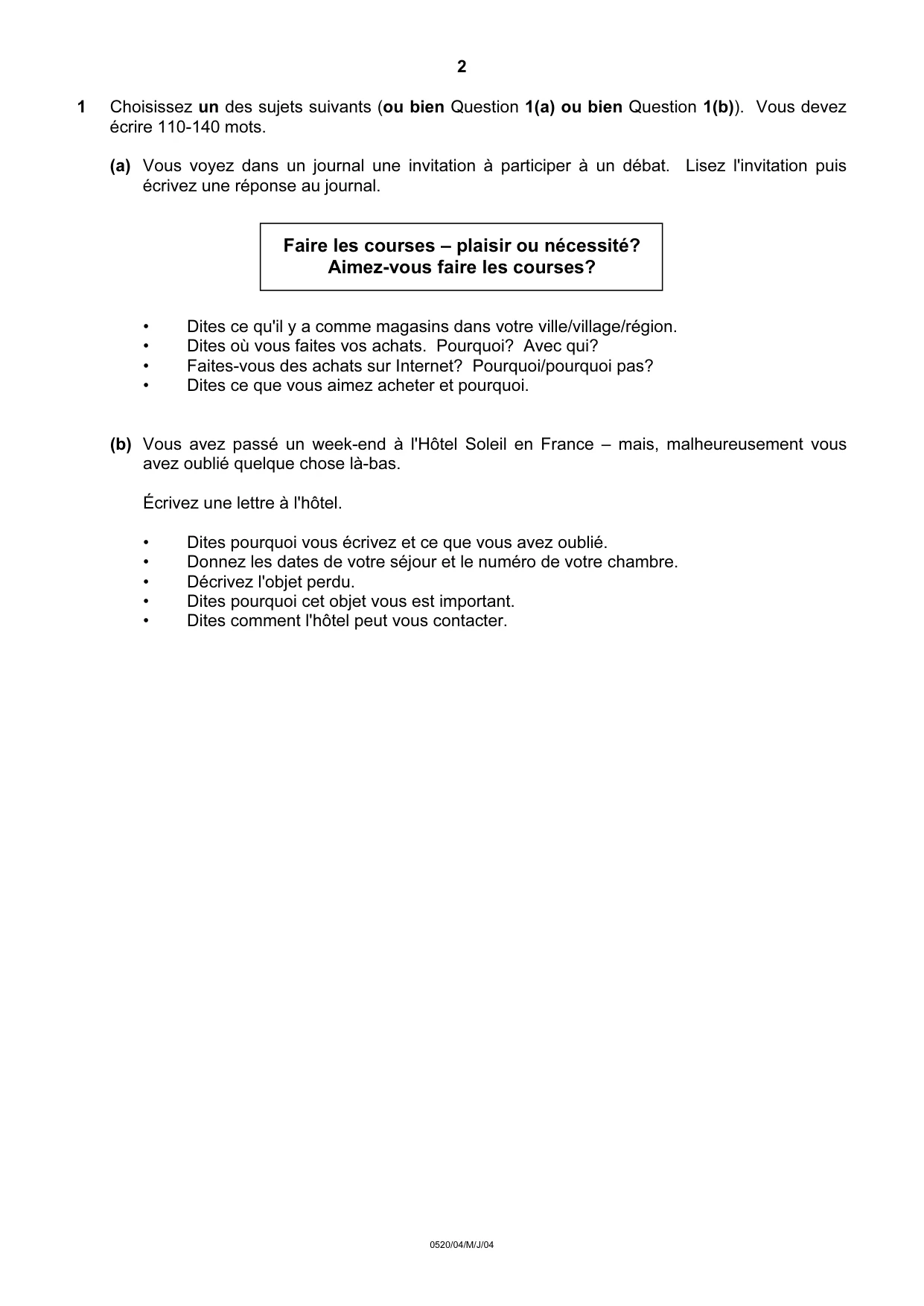 Cambridge IGCSE French - Foreign Language 0520 2004 May/June Paper 4 · Variant 1 question paper, page 2 of 4