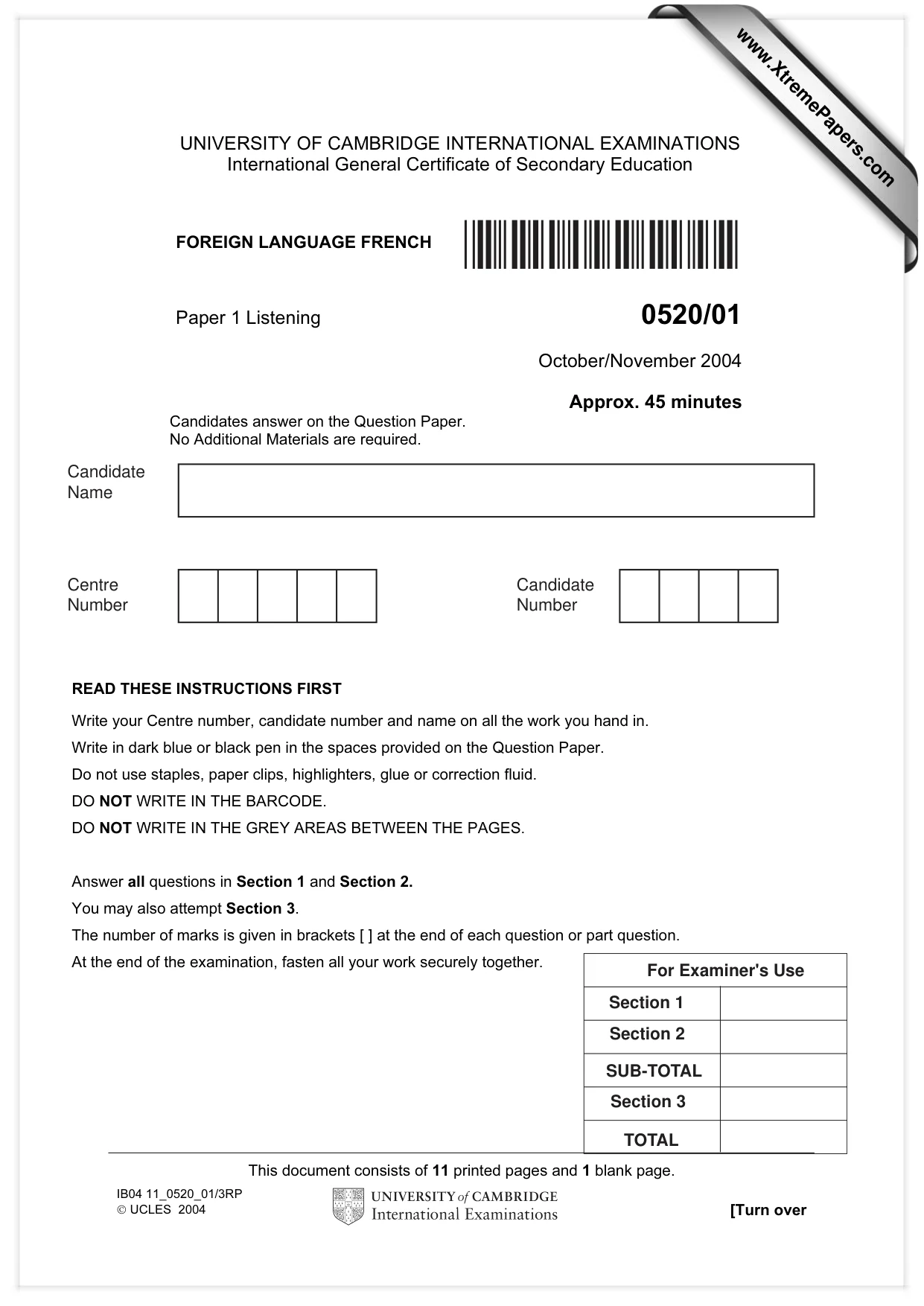 Cambridge IGCSE French - Foreign Language 0520 2004 Oct/Nov Paper 1 · Variant 1 question paper, page 1 of 12
