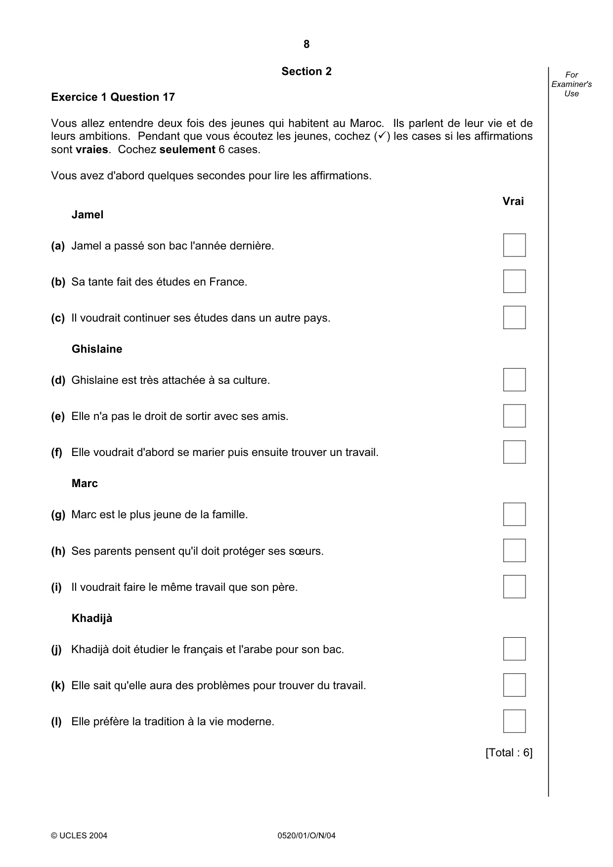 Cambridge IGCSE French - Foreign Language 0520 2004 Oct/Nov Paper 1 · Variant 1 question paper, page 8 of 12