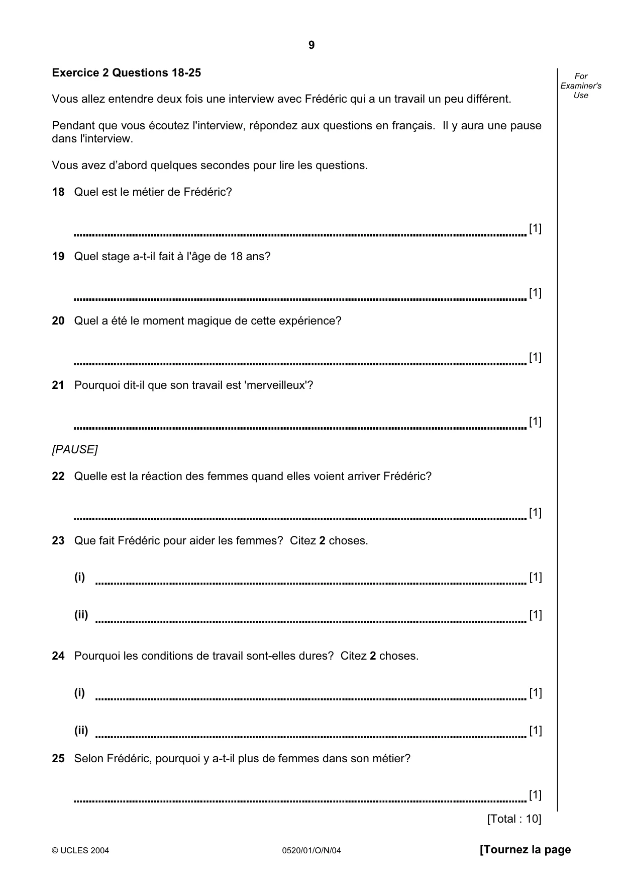 Cambridge IGCSE French - Foreign Language 0520 2004 Oct/Nov Paper 1 · Variant 1 question paper, page 9 of 12