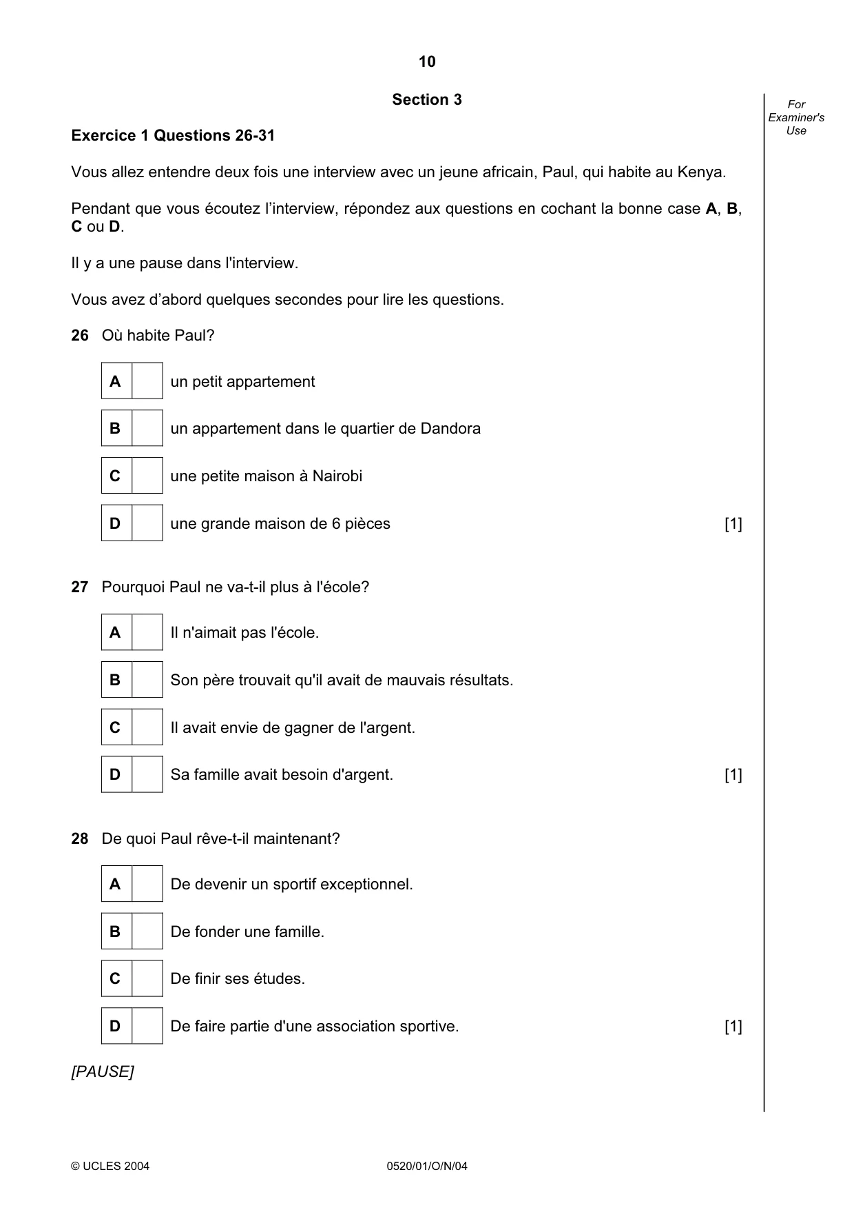 Cambridge IGCSE French - Foreign Language 0520 2004 Oct/Nov Paper 1 · Variant 1 question paper, page 10 of 12