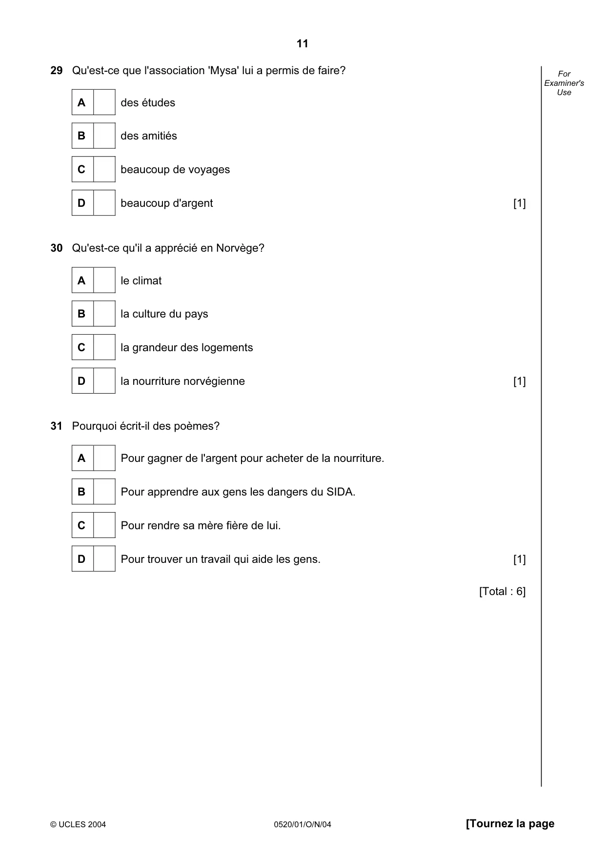 Cambridge IGCSE French - Foreign Language 0520 2004 Oct/Nov Paper 1 · Variant 1 question paper, page 11 of 12