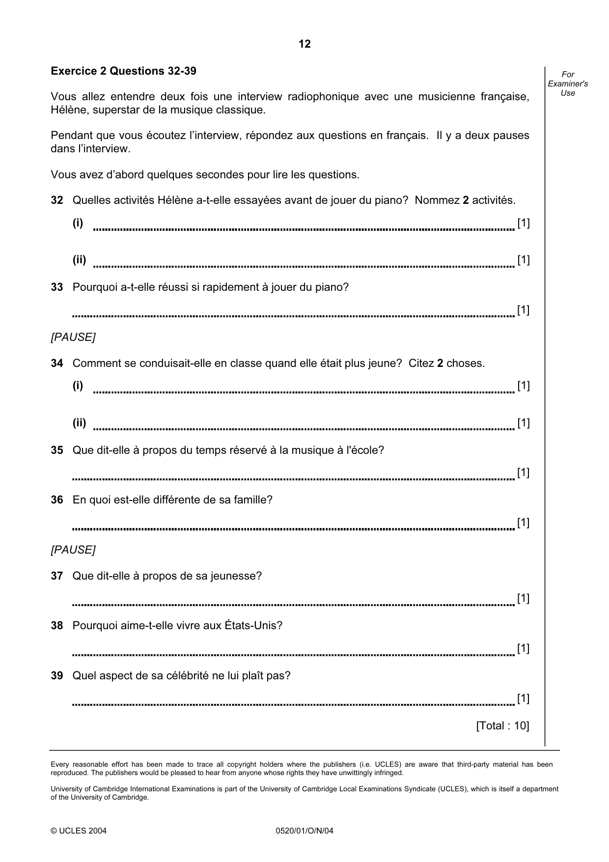 Cambridge IGCSE French - Foreign Language 0520 2004 Oct/Nov Paper 1 · Variant 1 question paper, page 12 of 12