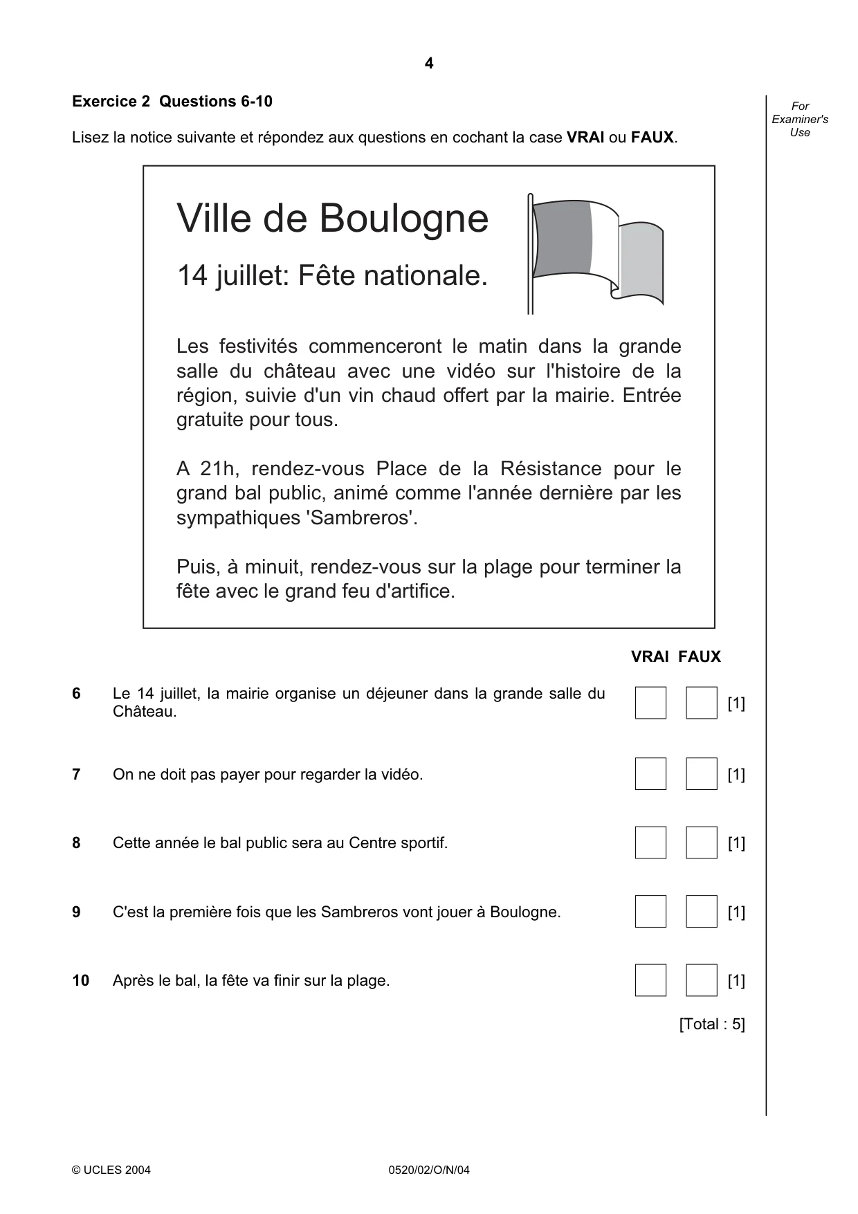 Cambridge IGCSE French - Foreign Language 0520 2004 Oct/Nov Paper 2 · Variant 1 question paper, page 4 of 16