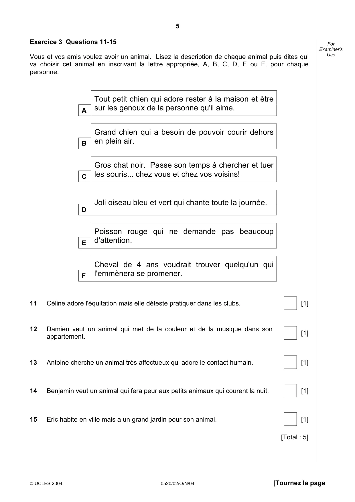 Cambridge IGCSE French - Foreign Language 0520 2004 Oct/Nov Paper 2 · Variant 1 question paper, page 5 of 16