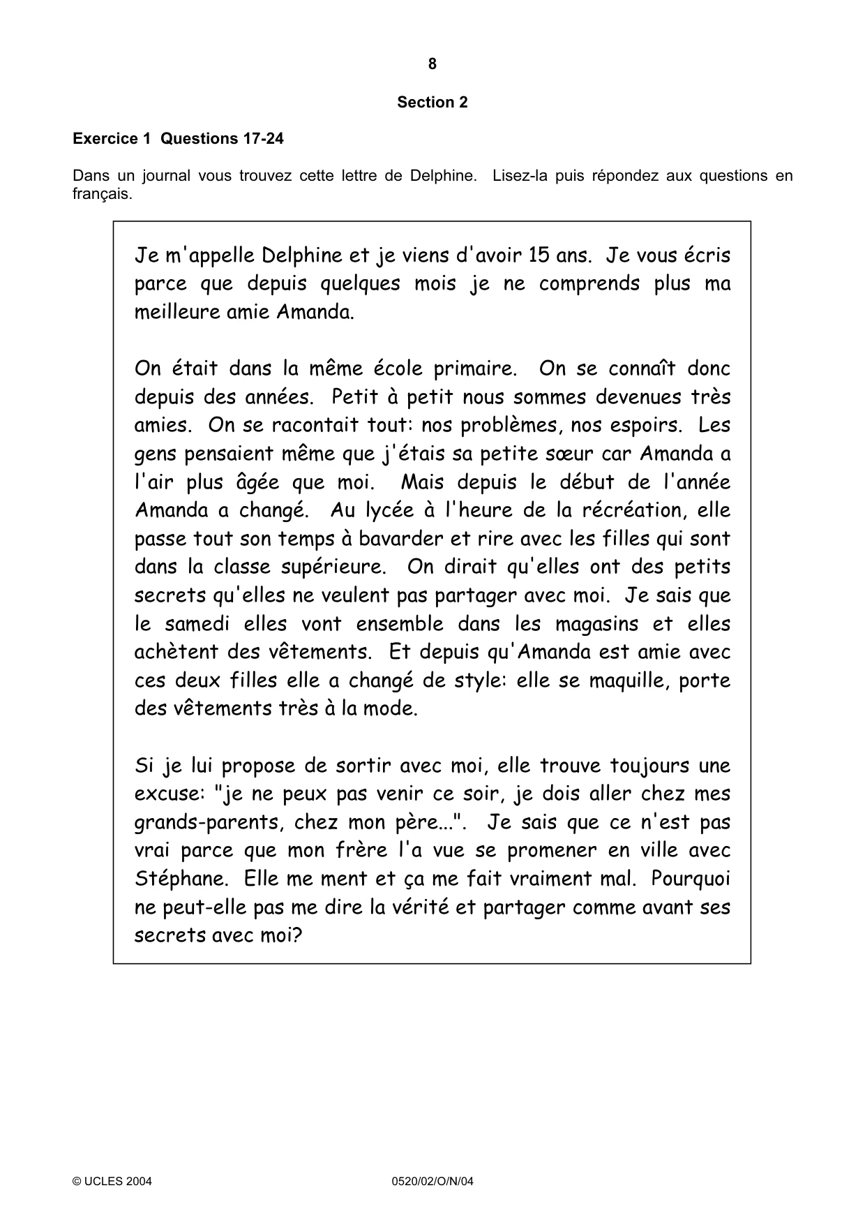Cambridge IGCSE French - Foreign Language 0520 2004 Oct/Nov Paper 2 · Variant 1 question paper, page 8 of 16