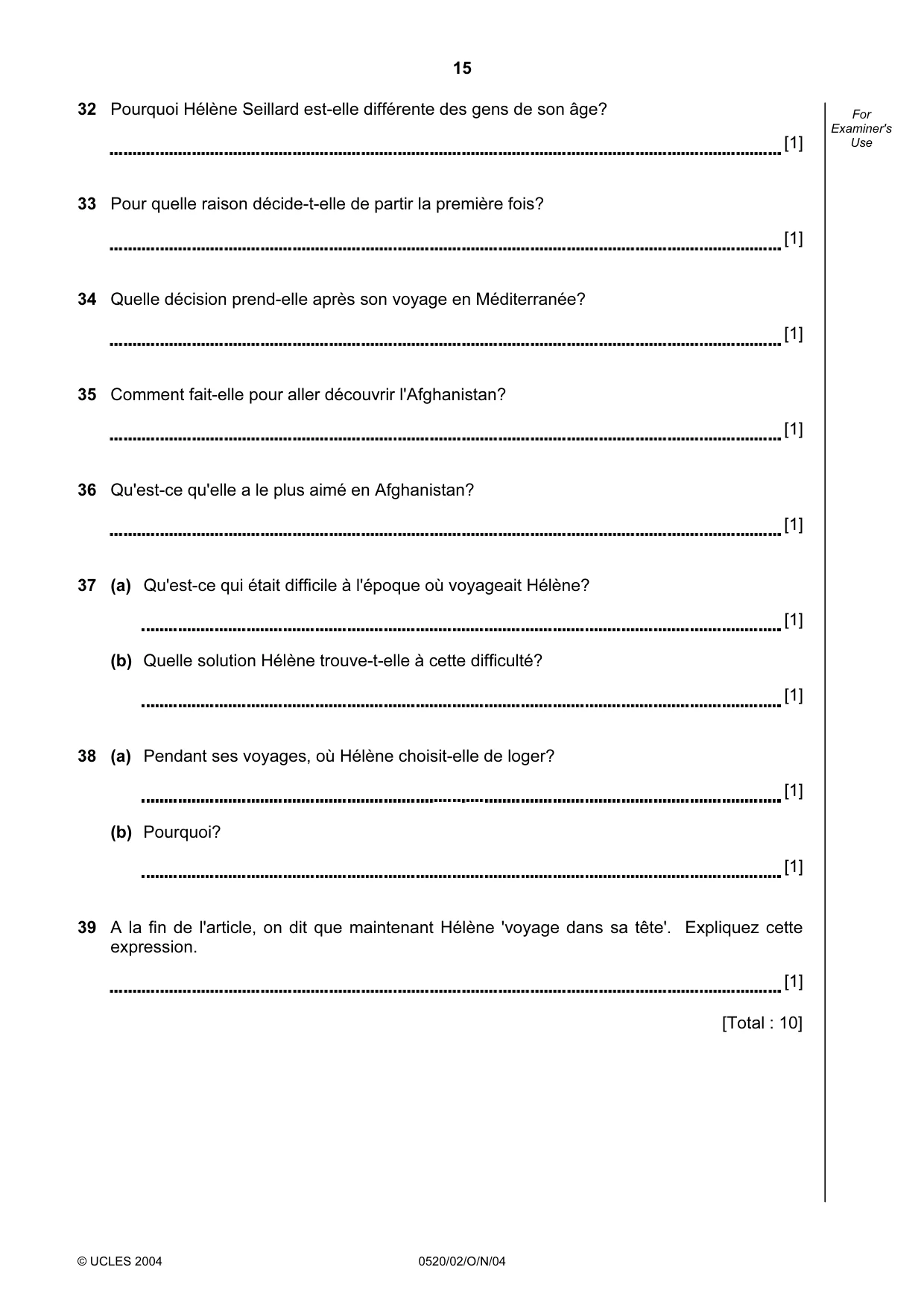 Cambridge IGCSE French - Foreign Language 0520 2004 Oct/Nov Paper 2 · Variant 1 question paper, page 15 of 16