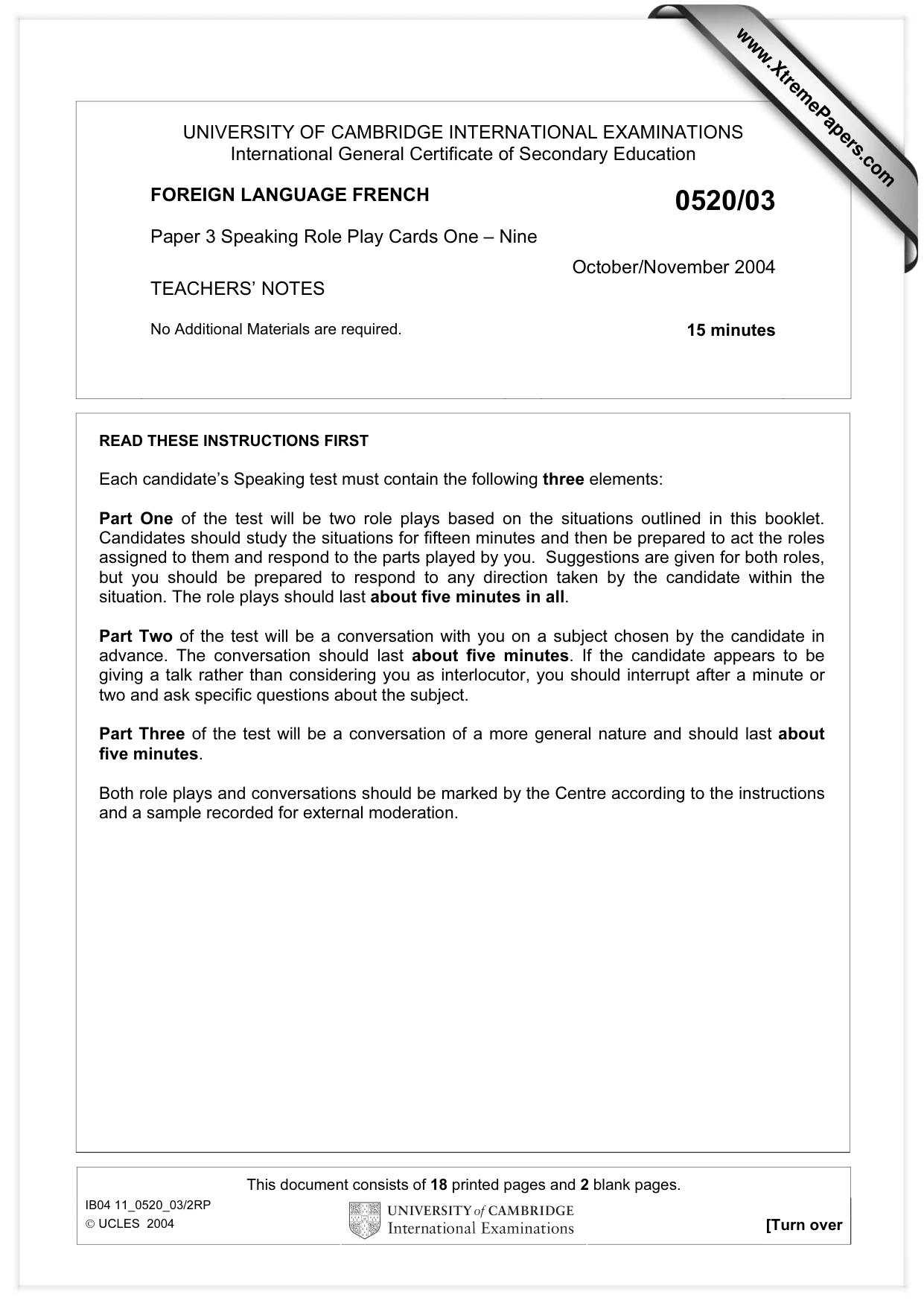 Cambridge IGCSE French - Foreign Language 0520 2004 Oct/Nov Paper 3 · Variant 1 question paper, page 1 of 20