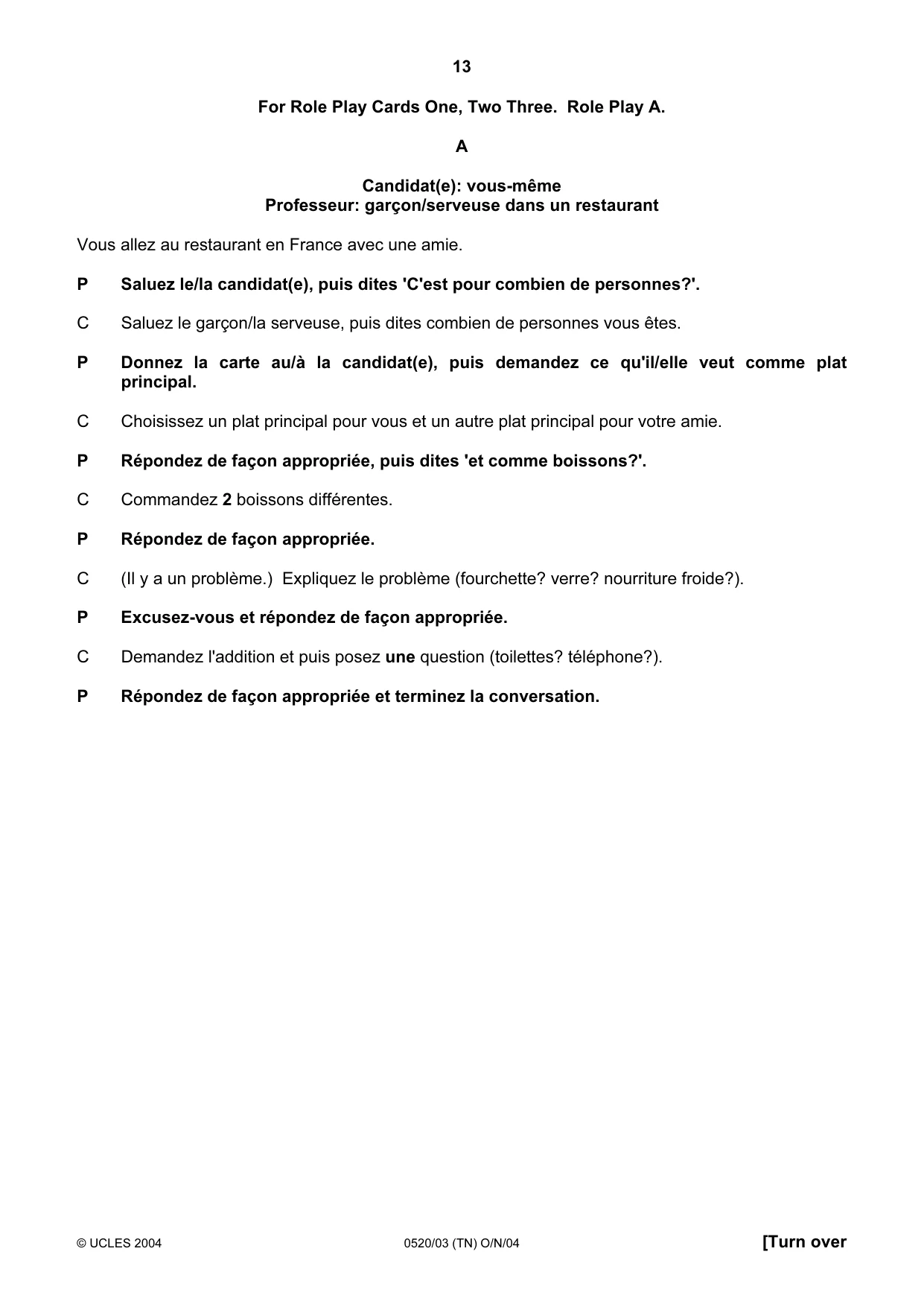 Cambridge IGCSE French - Foreign Language 0520 2004 Oct/Nov Paper 3 · Variant 1 question paper, page 13 of 20