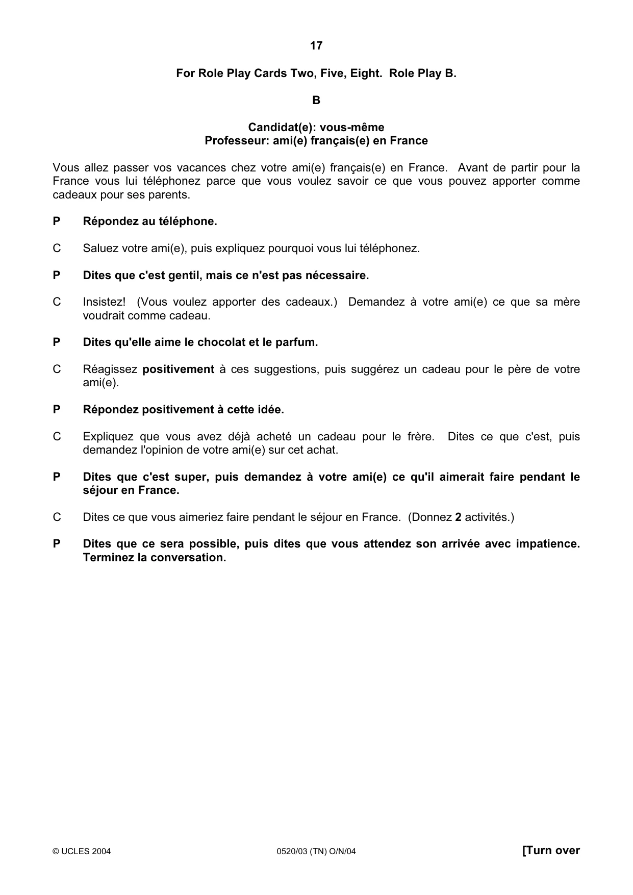 Cambridge IGCSE French - Foreign Language 0520 2004 Oct/Nov Paper 3 · Variant 1 question paper, page 17 of 20