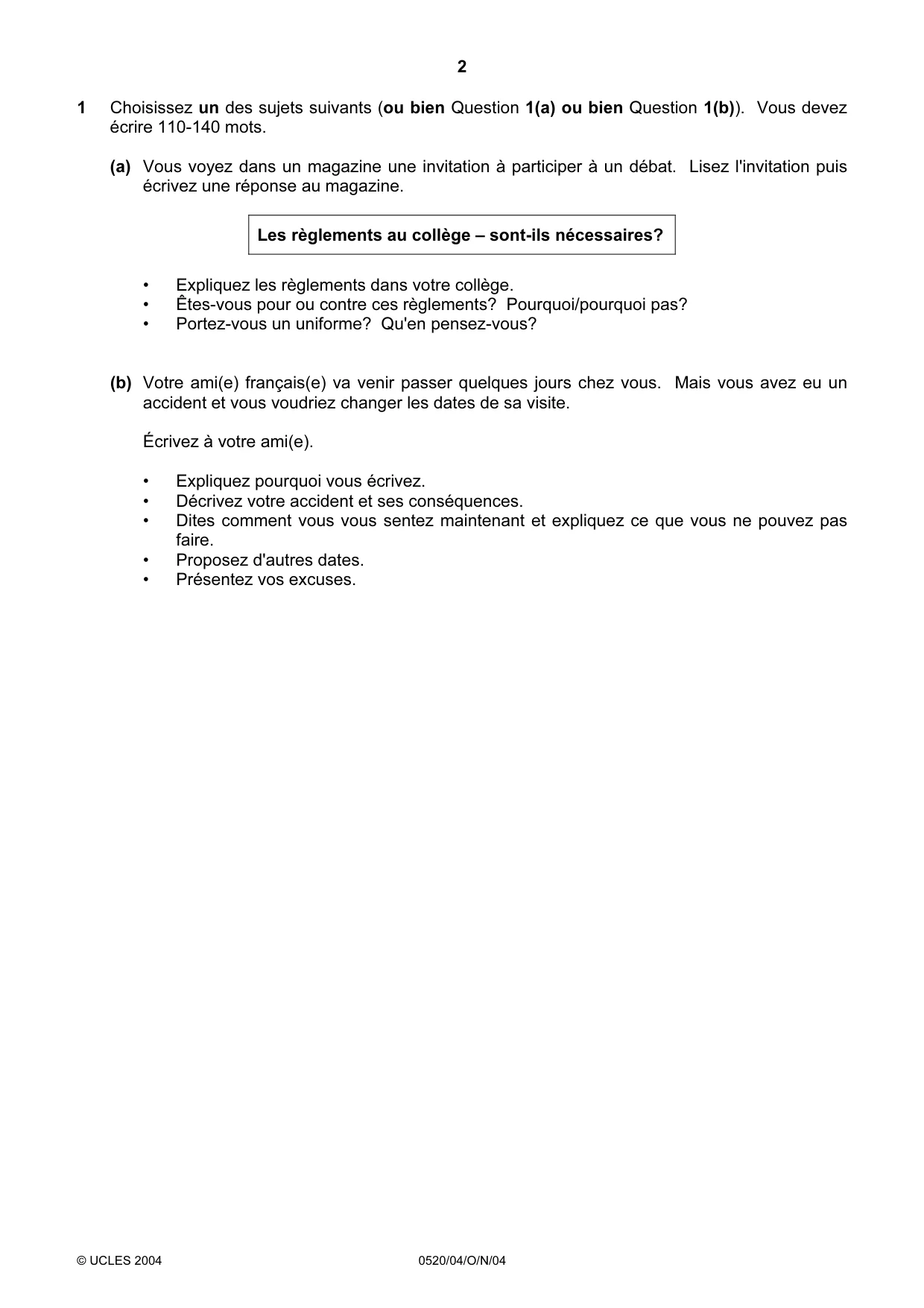Cambridge IGCSE French - Foreign Language 0520 2004 Oct/Nov Paper 4 · Variant 1 question paper, page 2 of 4