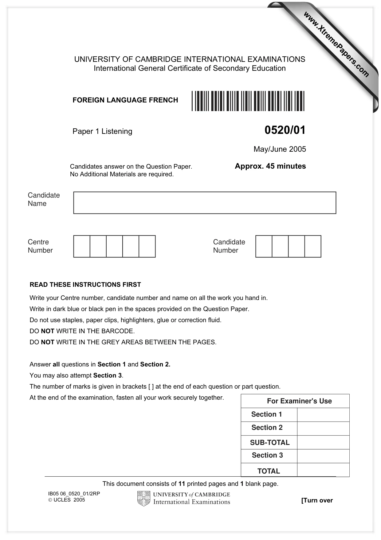 Cambridge IGCSE French - Foreign Language 0520 2005 May/June Paper 1 · Variant 1 question paper, page 1 of 12