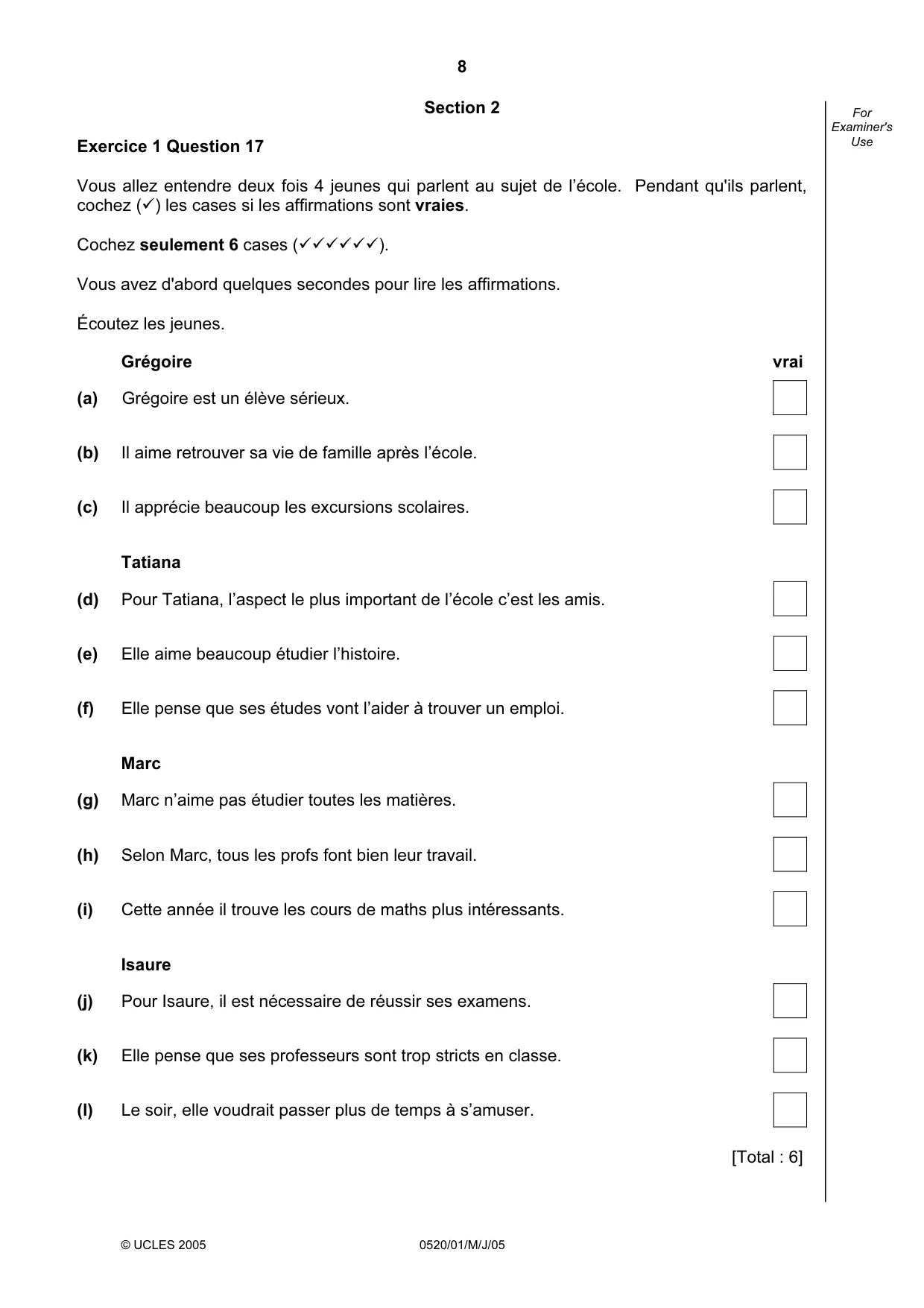 Cambridge IGCSE French - Foreign Language 0520 2005 May/June Paper 1 · Variant 1 question paper, page 8 of 12