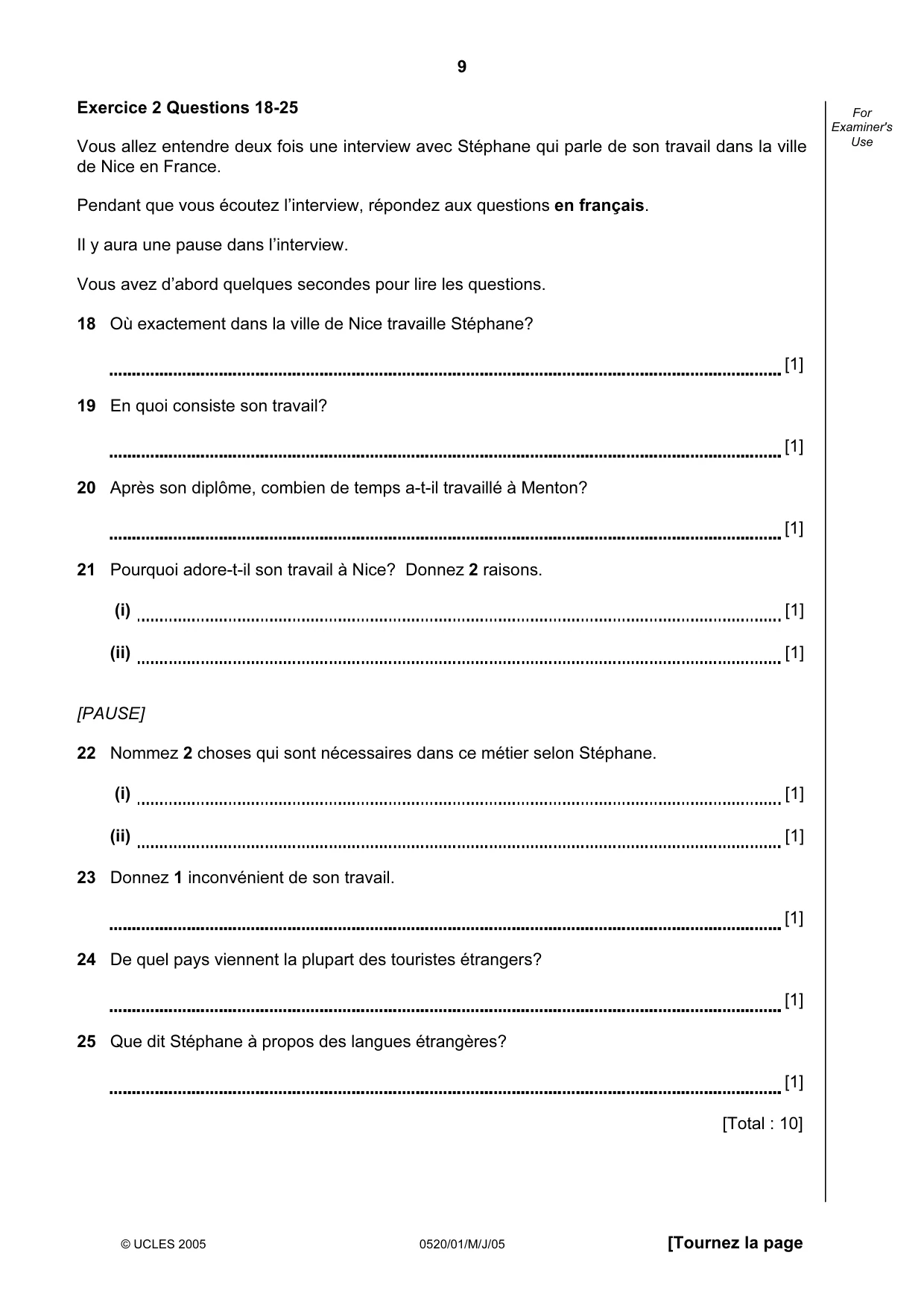 Cambridge IGCSE French - Foreign Language 0520 2005 May/June Paper 1 · Variant 1 question paper, page 9 of 12