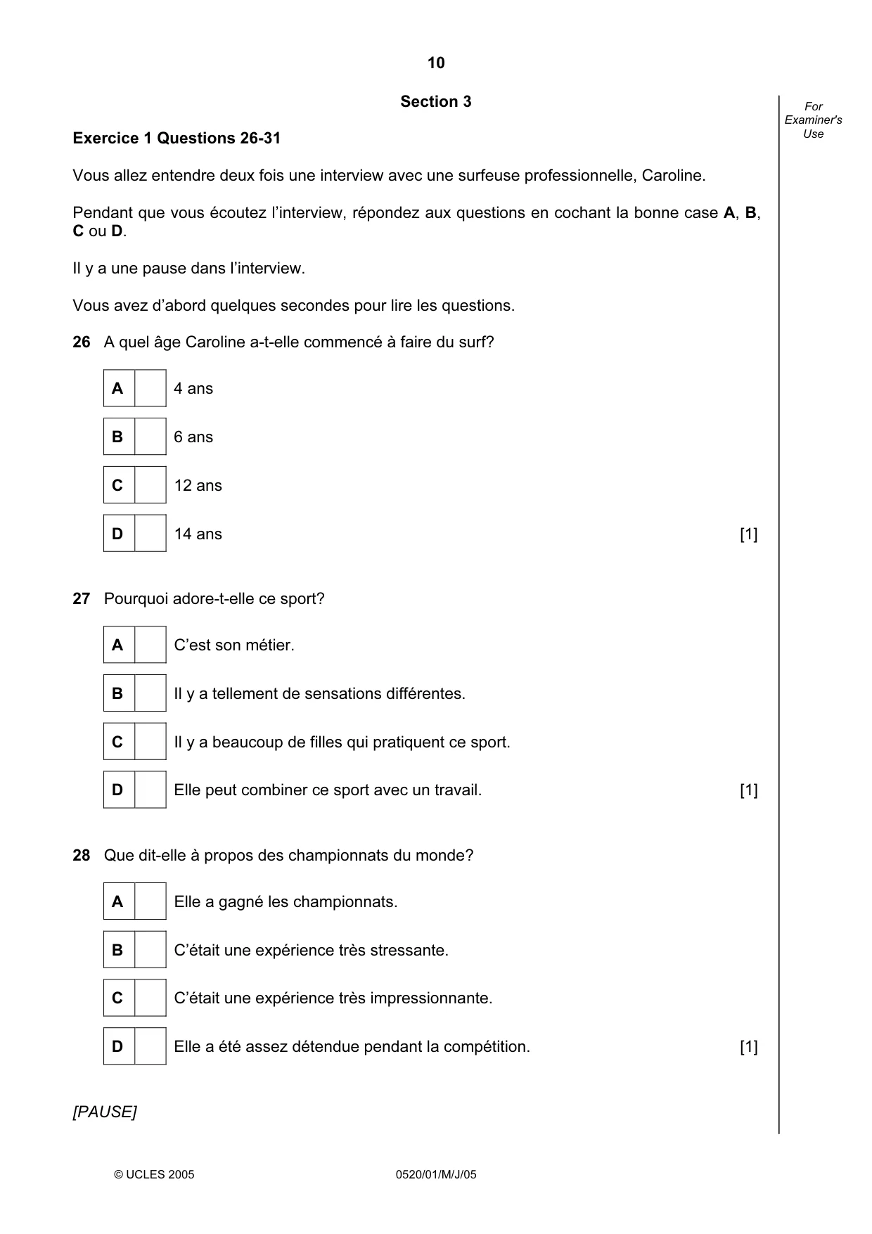 Cambridge IGCSE French - Foreign Language 0520 2005 May/June Paper 1 · Variant 1 question paper, page 10 of 12