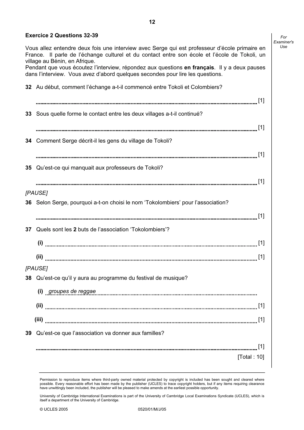 Cambridge IGCSE French - Foreign Language 0520 2005 May/June Paper 1 · Variant 1 question paper, page 12 of 12
