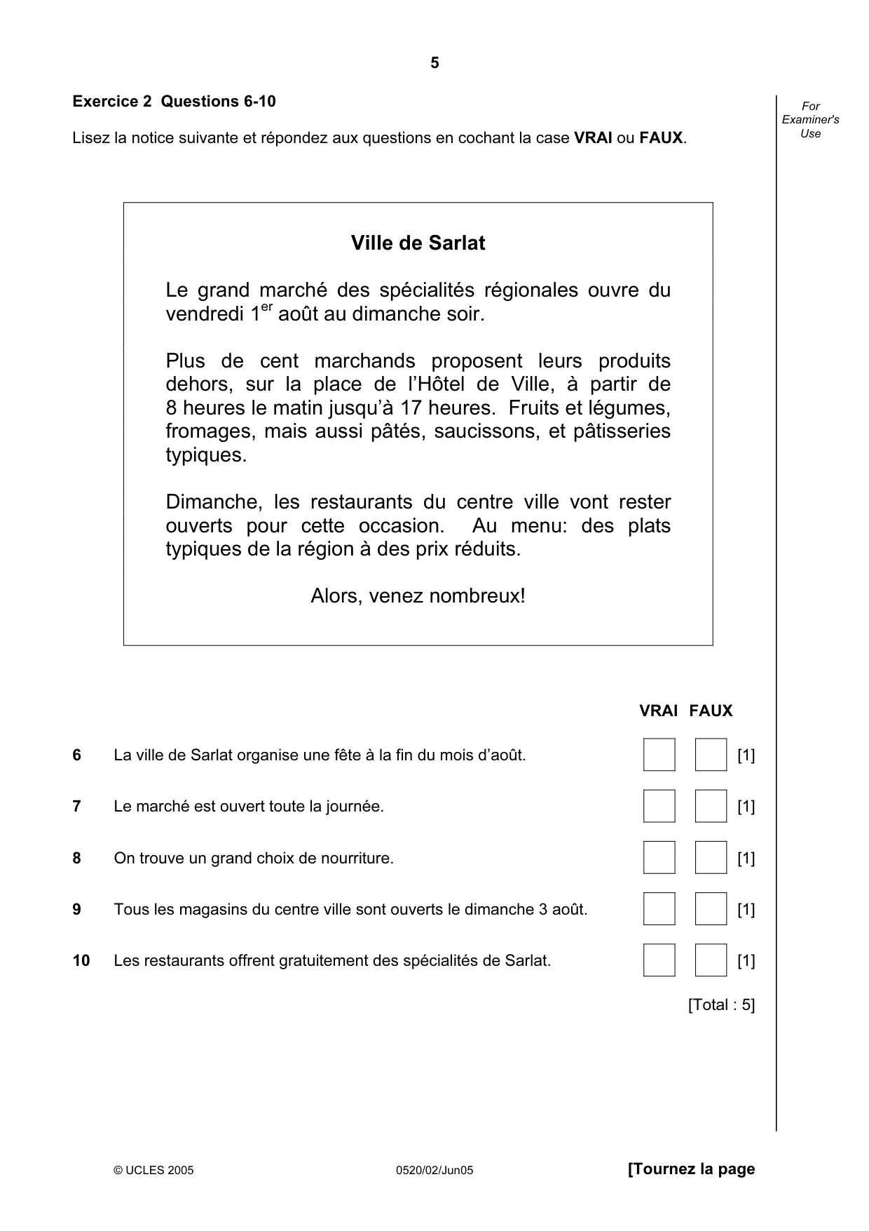 Cambridge IGCSE French - Foreign Language 0520 2005 May/June Paper 2 · Variant 1 question paper, page 5 of 16