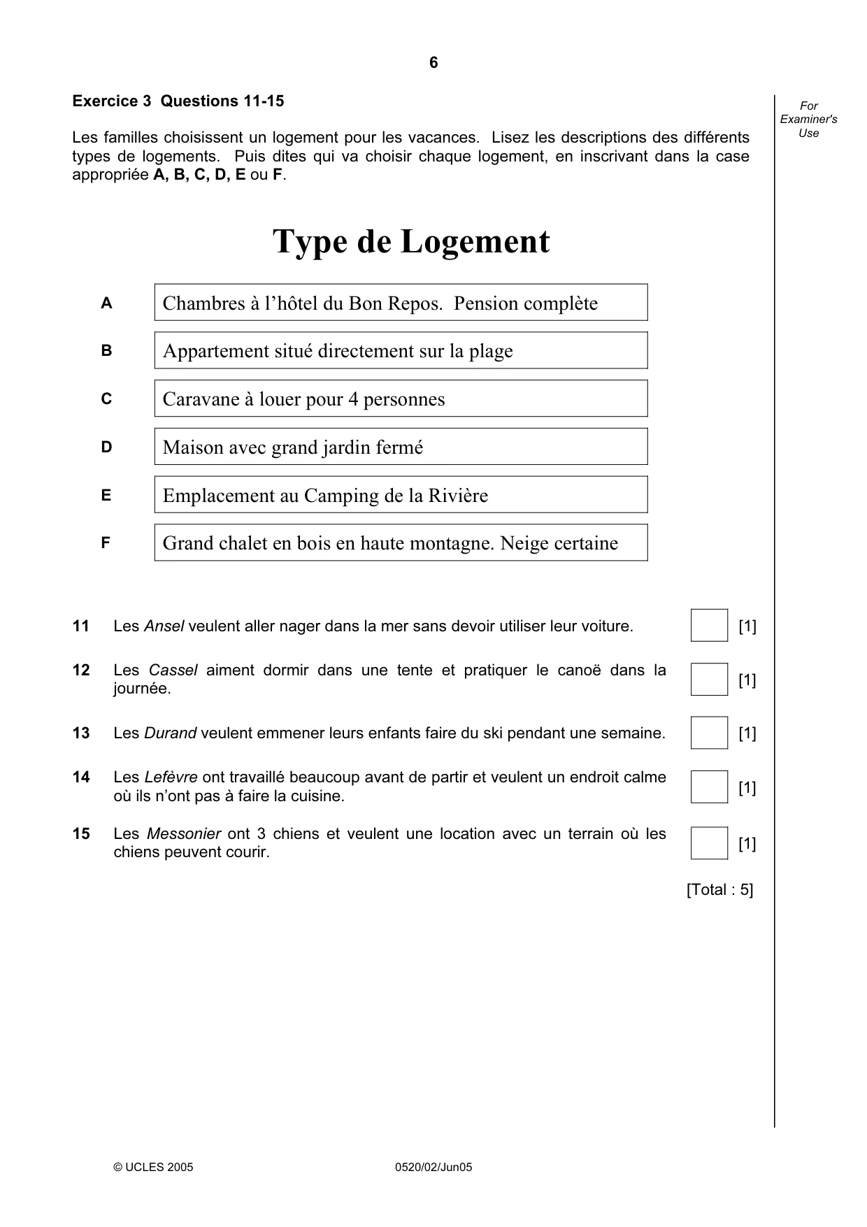 Cambridge IGCSE French - Foreign Language 0520 2005 May/June Paper 2 · Variant 1 question paper, page 6 of 16