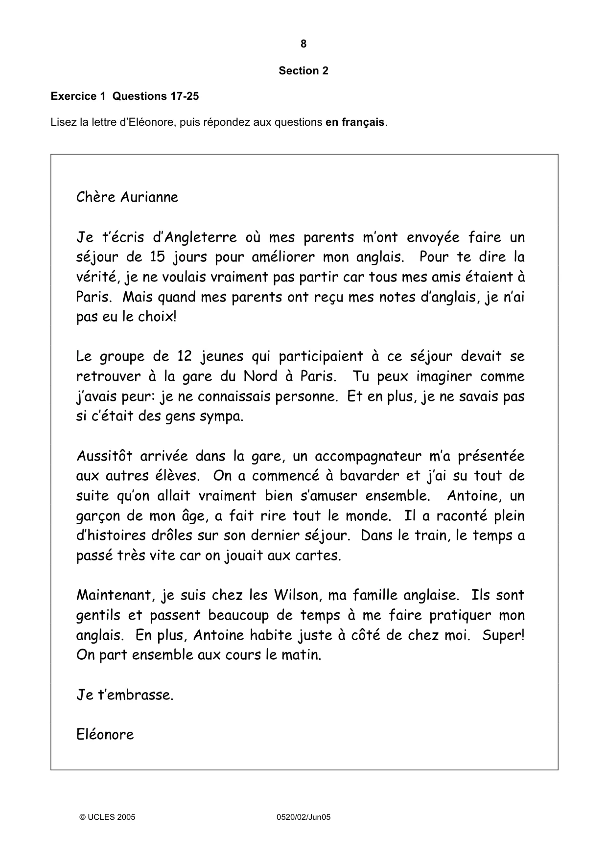 Cambridge IGCSE French - Foreign Language 0520 2005 May/June Paper 2 · Variant 1 question paper, page 8 of 16