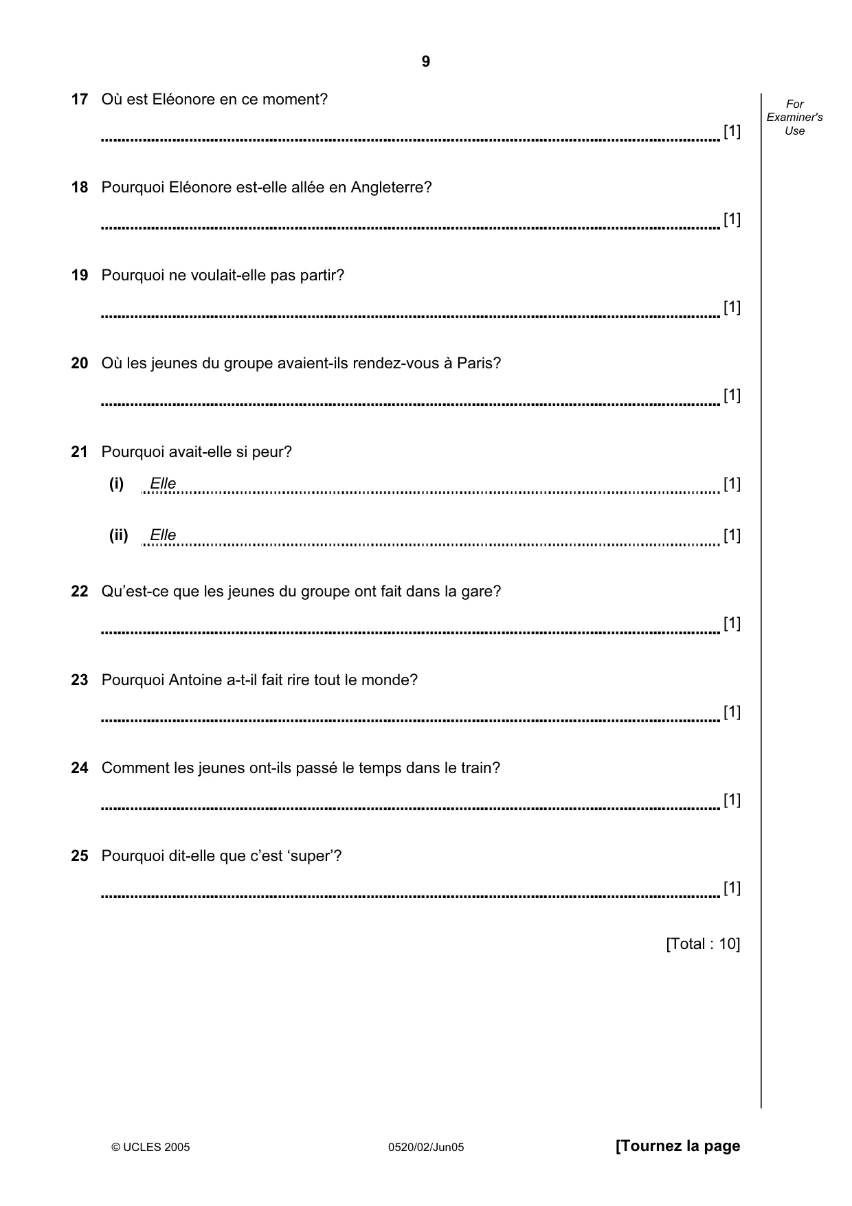 Cambridge IGCSE French - Foreign Language 0520 2005 May/June Paper 2 · Variant 1 question paper, page 9 of 16