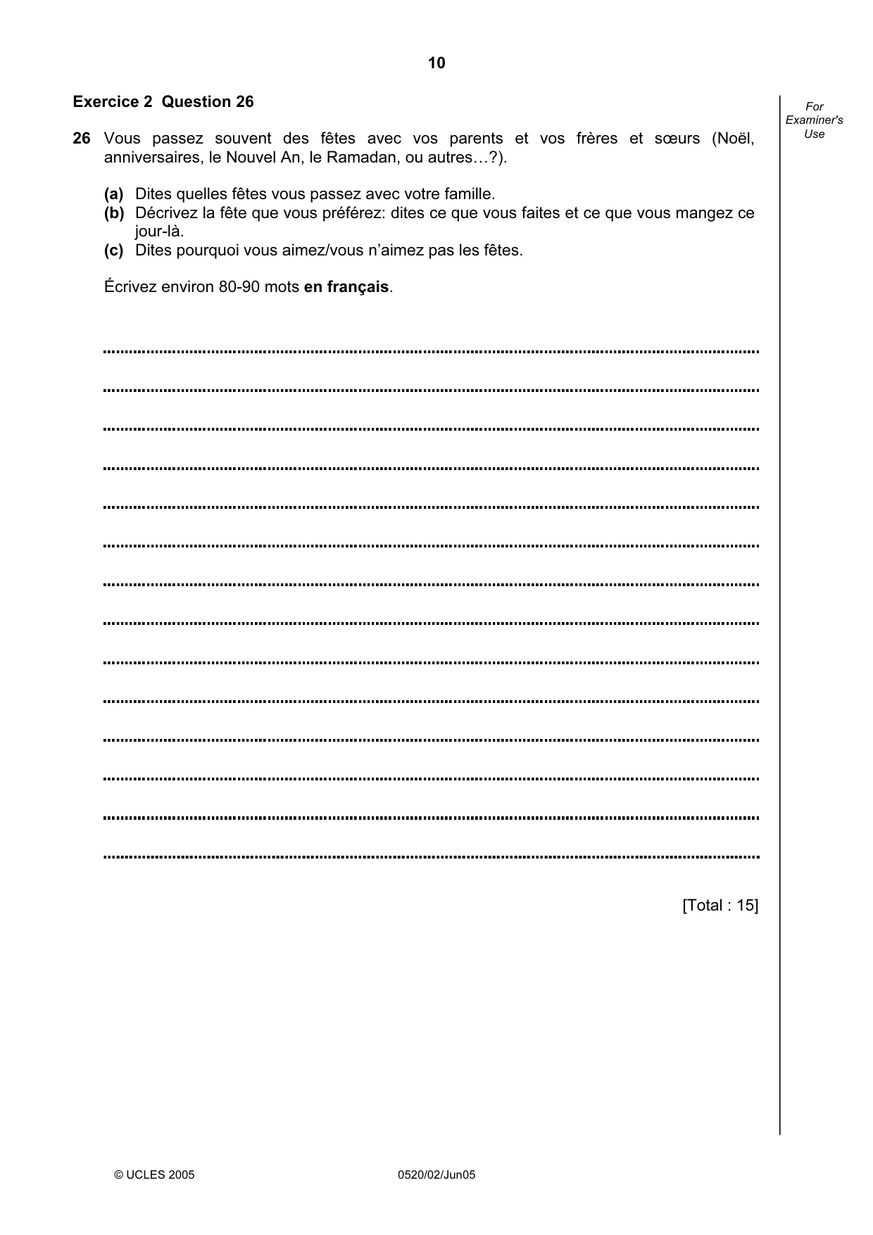 Cambridge IGCSE French - Foreign Language 0520 2005 May/June Paper 2 · Variant 1 question paper, page 10 of 16