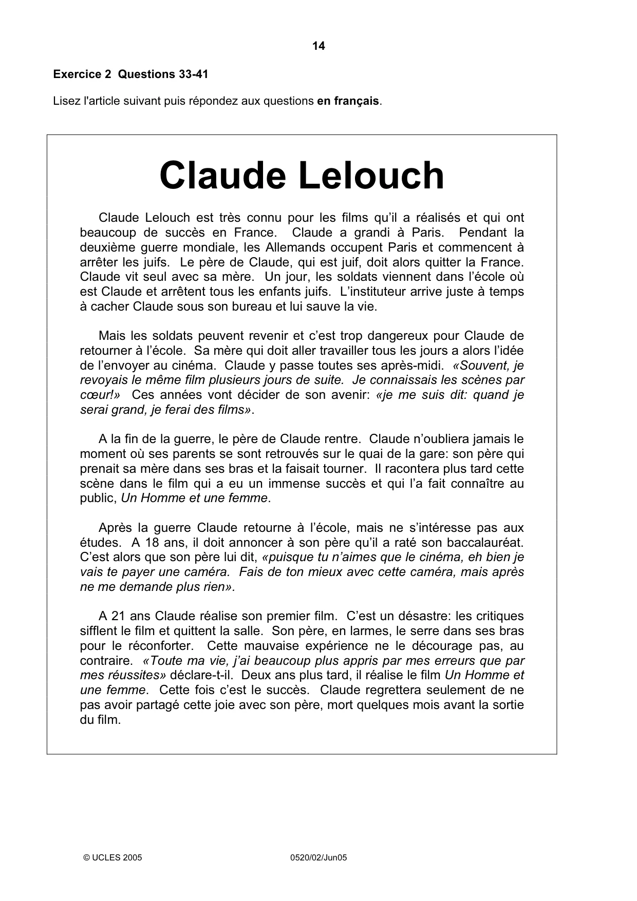 Cambridge IGCSE French - Foreign Language 0520 2005 May/June Paper 2 · Variant 1 question paper, page 14 of 16
