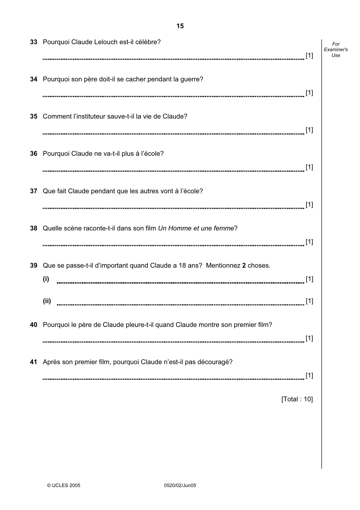 Cambridge IGCSE French - Foreign Language 0520 2005 May/June Paper 2 · Variant 1 question paper, page 15 of 16