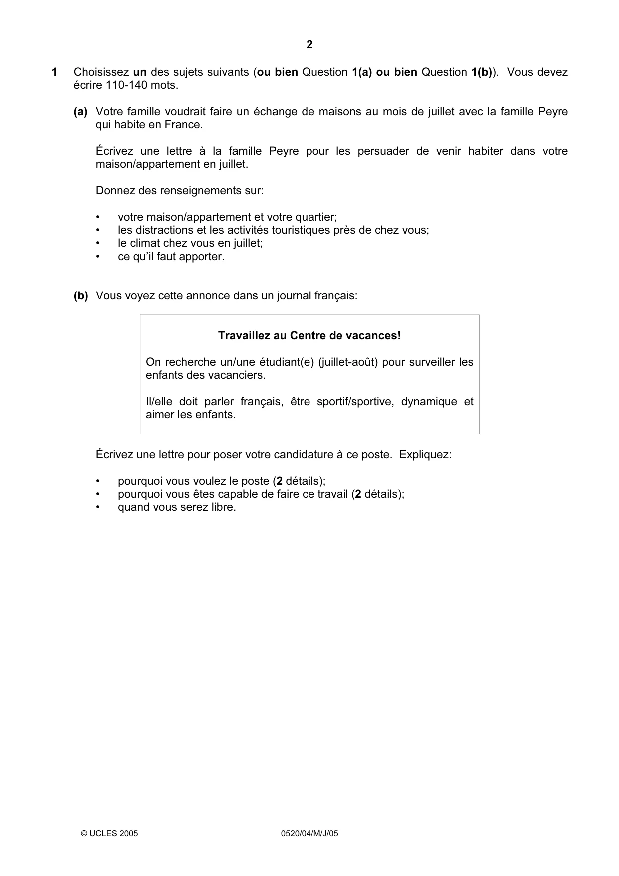 Cambridge IGCSE French - Foreign Language 0520 2005 May/June Paper 4 · Variant 1 question paper, page 2 of 4