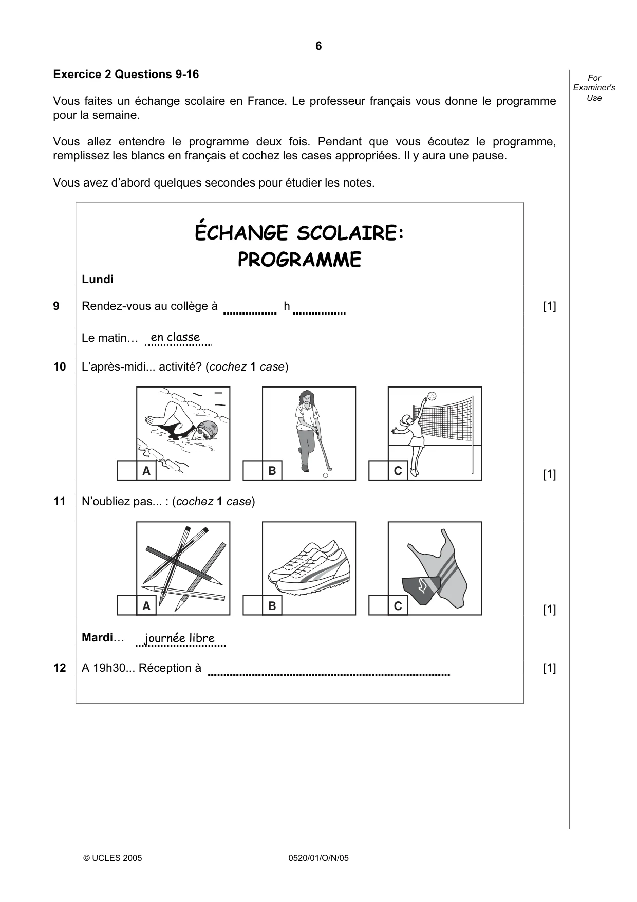 Cambridge IGCSE French - Foreign Language 0520 2005 Oct/Nov Paper 1 · Variant 1 question paper, page 6 of 12