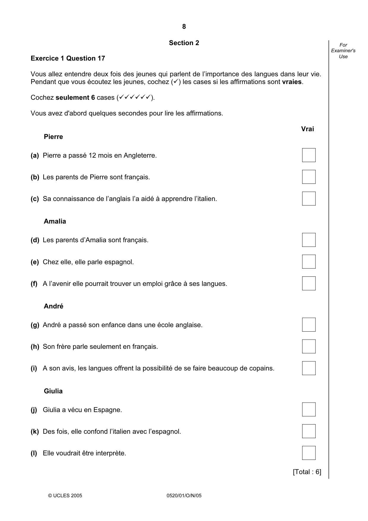 Cambridge IGCSE French - Foreign Language 0520 2005 Oct/Nov Paper 1 · Variant 1 question paper, page 8 of 12