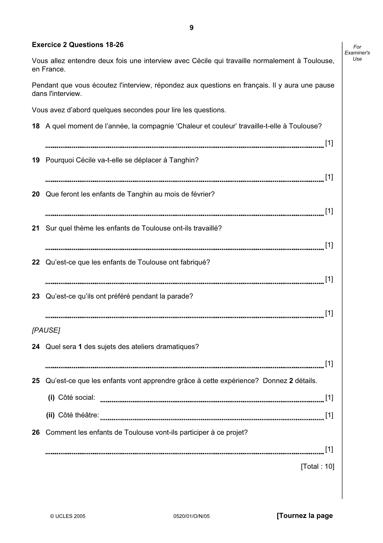 Cambridge IGCSE French - Foreign Language 0520 2005 Oct/Nov Paper 1 · Variant 1 question paper, page 9 of 12