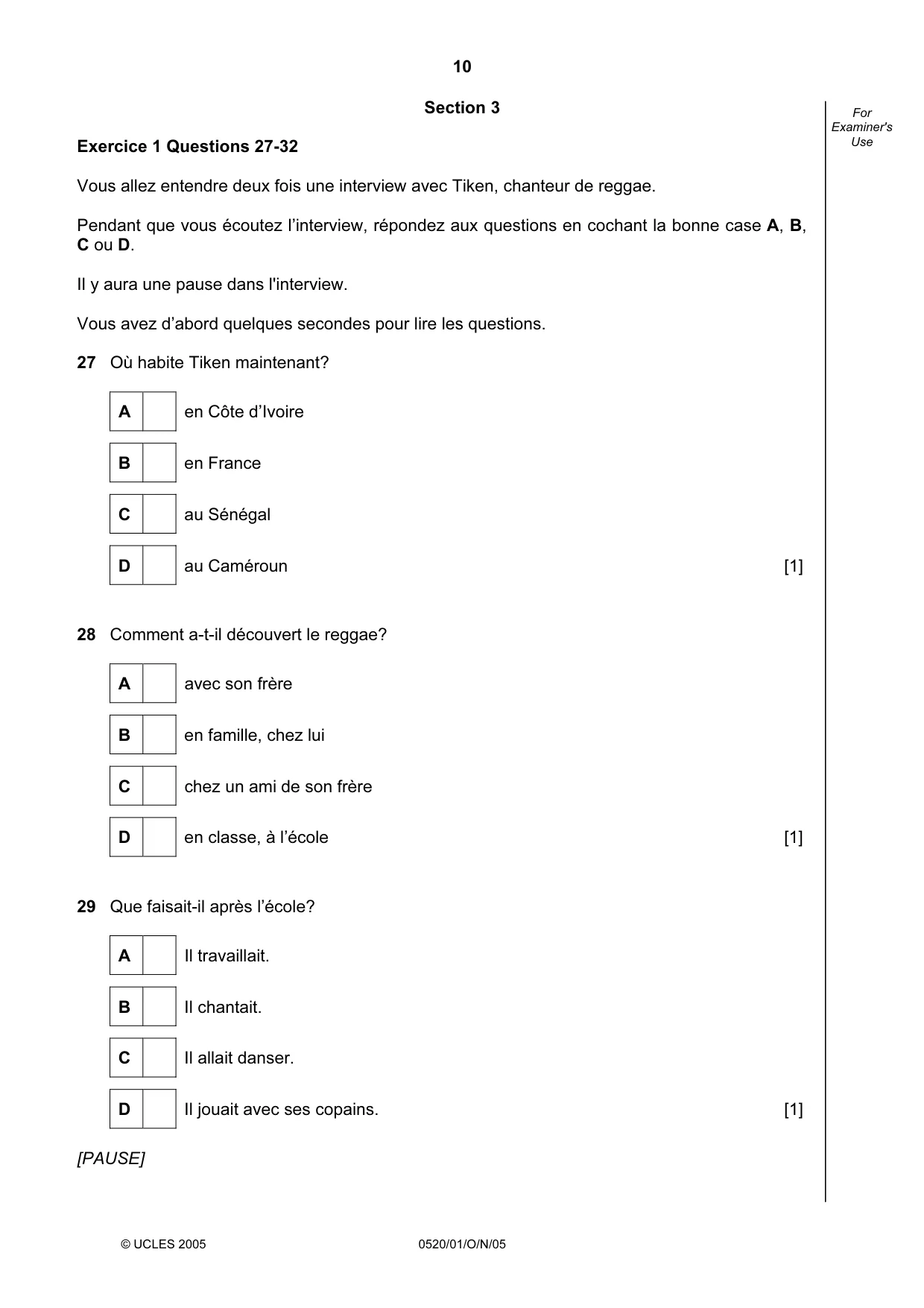 Cambridge IGCSE French - Foreign Language 0520 2005 Oct/Nov Paper 1 · Variant 1 question paper, page 10 of 12