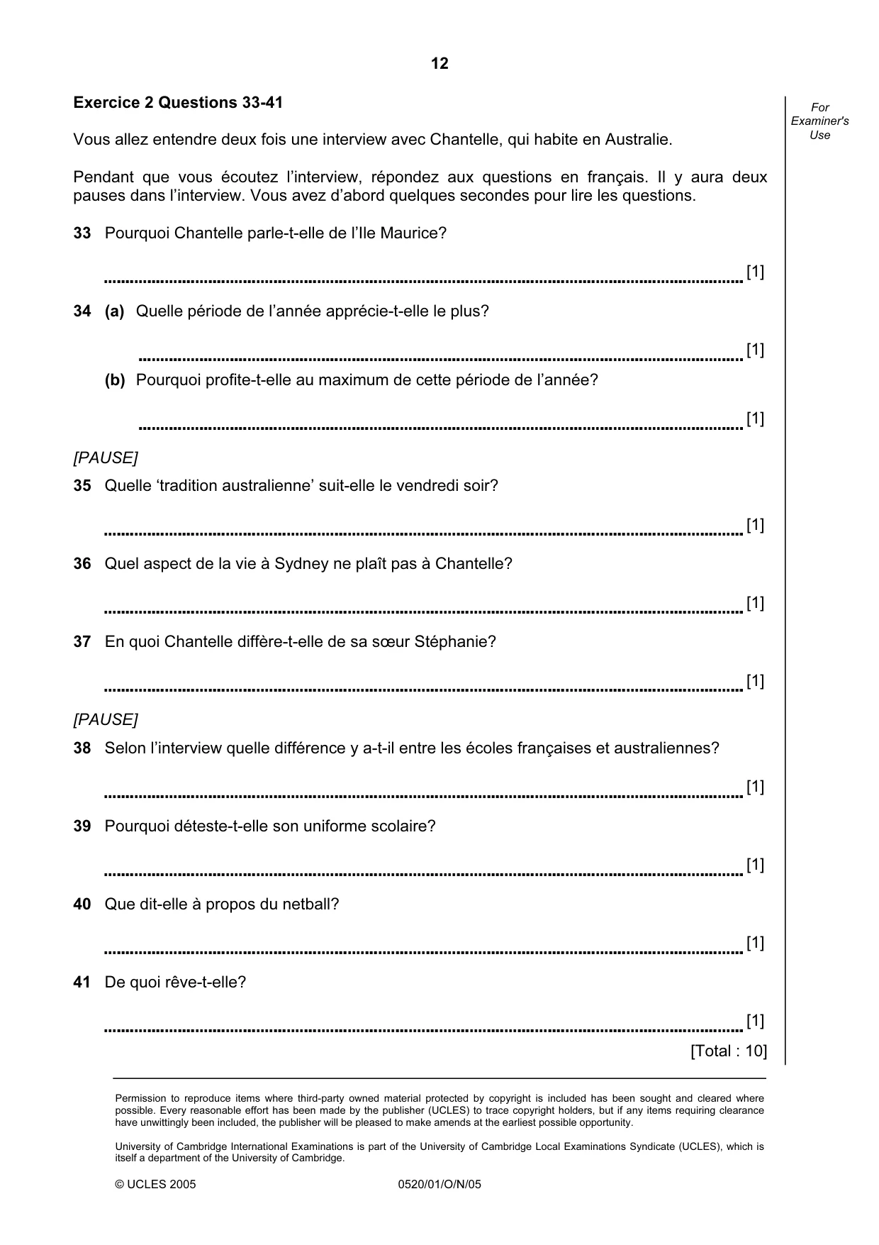 Cambridge IGCSE French - Foreign Language 0520 2005 Oct/Nov Paper 1 · Variant 1 question paper, page 12 of 12