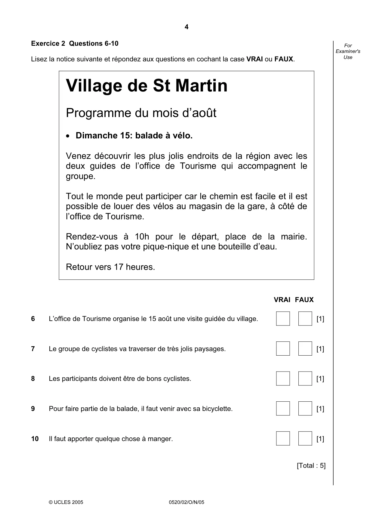 Cambridge IGCSE French - Foreign Language 0520 2005 Oct/Nov Paper 2 · Variant 1 question paper, page 4 of 16