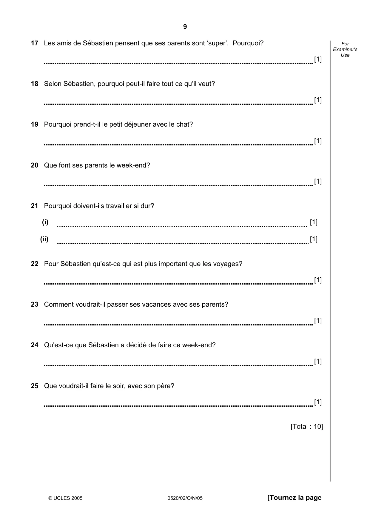 Cambridge IGCSE French - Foreign Language 0520 2005 Oct/Nov Paper 2 · Variant 1 question paper, page 9 of 16