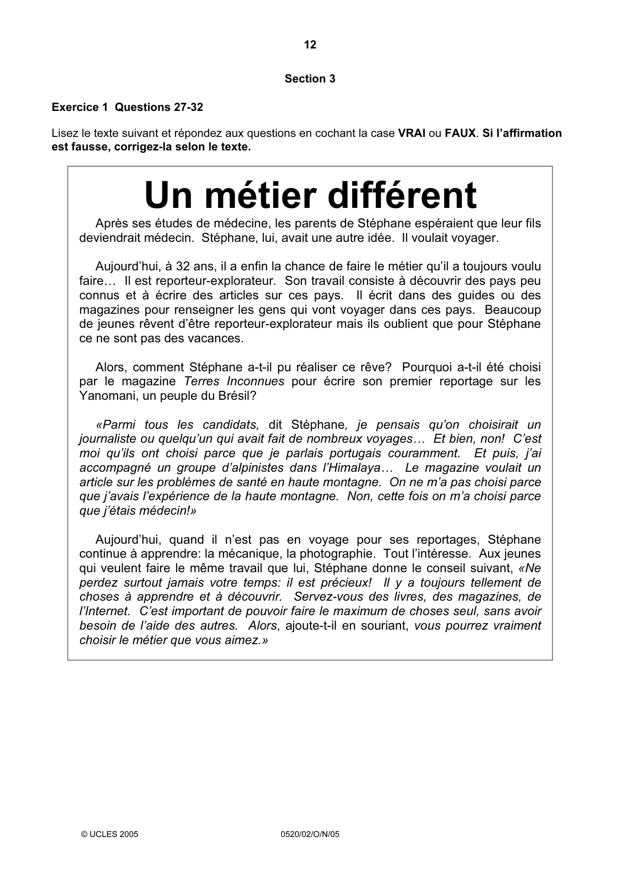 Cambridge IGCSE French - Foreign Language 0520 2005 Oct/Nov Paper 2 · Variant 1 question paper, page 12 of 16