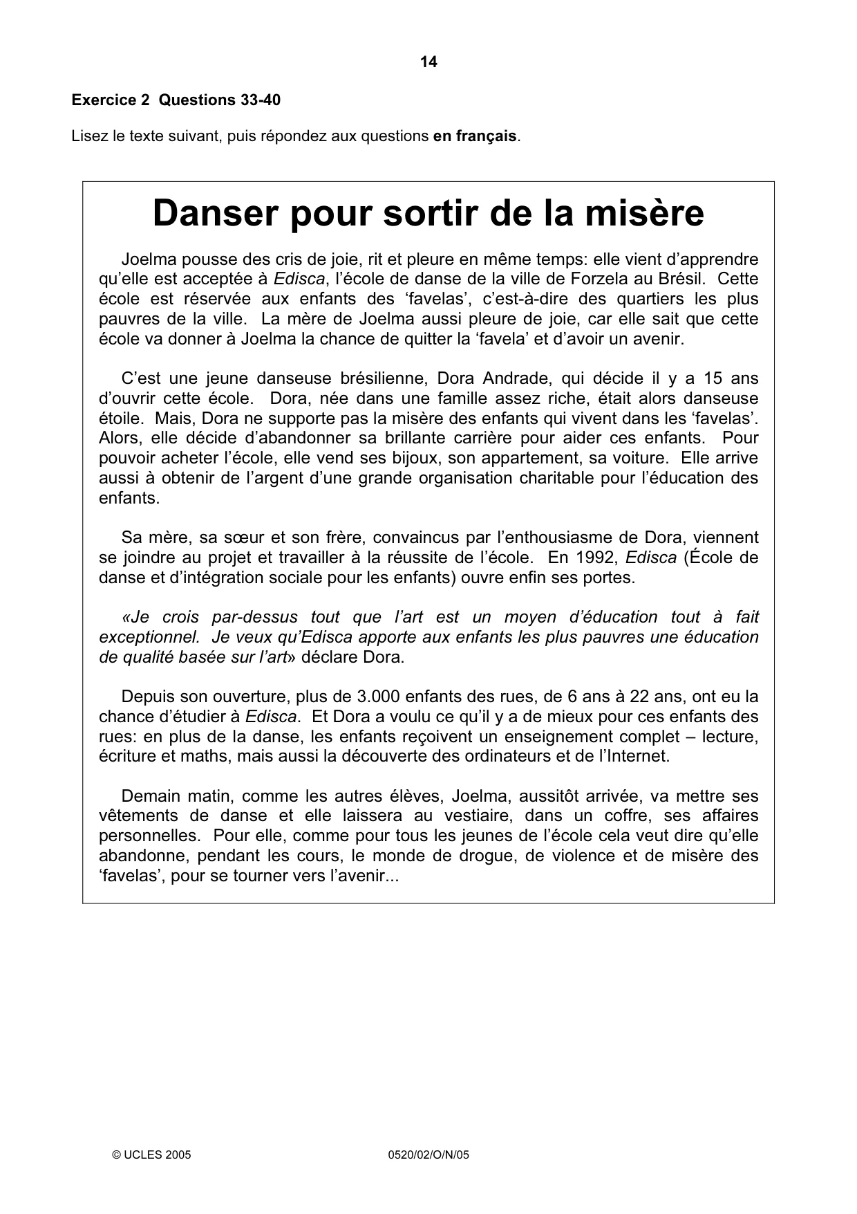 Cambridge IGCSE French - Foreign Language 0520 2005 Oct/Nov Paper 2 · Variant 1 question paper, page 14 of 16