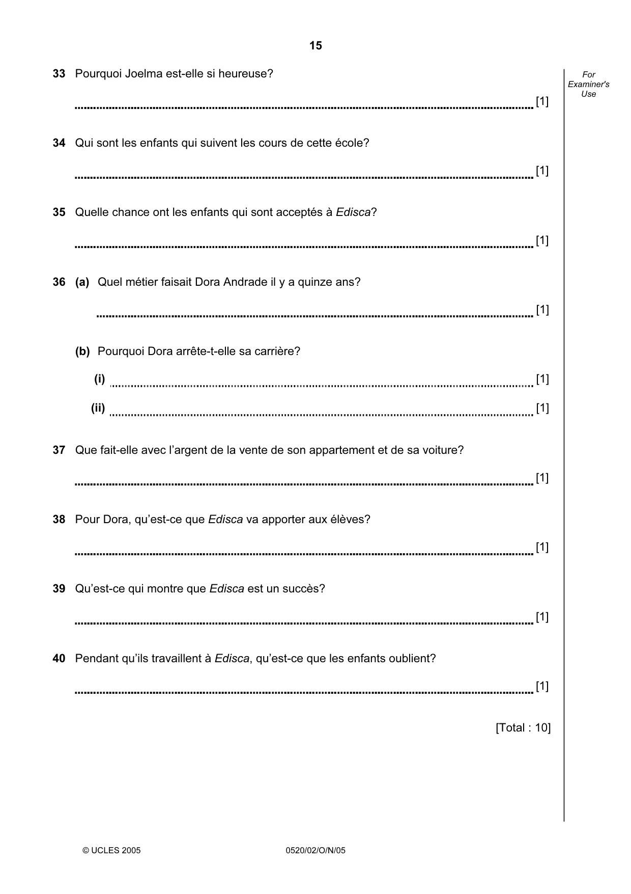 Cambridge IGCSE French - Foreign Language 0520 2005 Oct/Nov Paper 2 · Variant 1 question paper, page 15 of 16