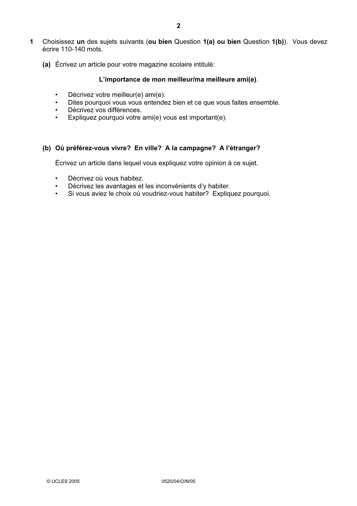 Cambridge IGCSE French - Foreign Language 0520 2005 Oct/Nov Paper 4 · Variant 1 question paper, page 2 of 4