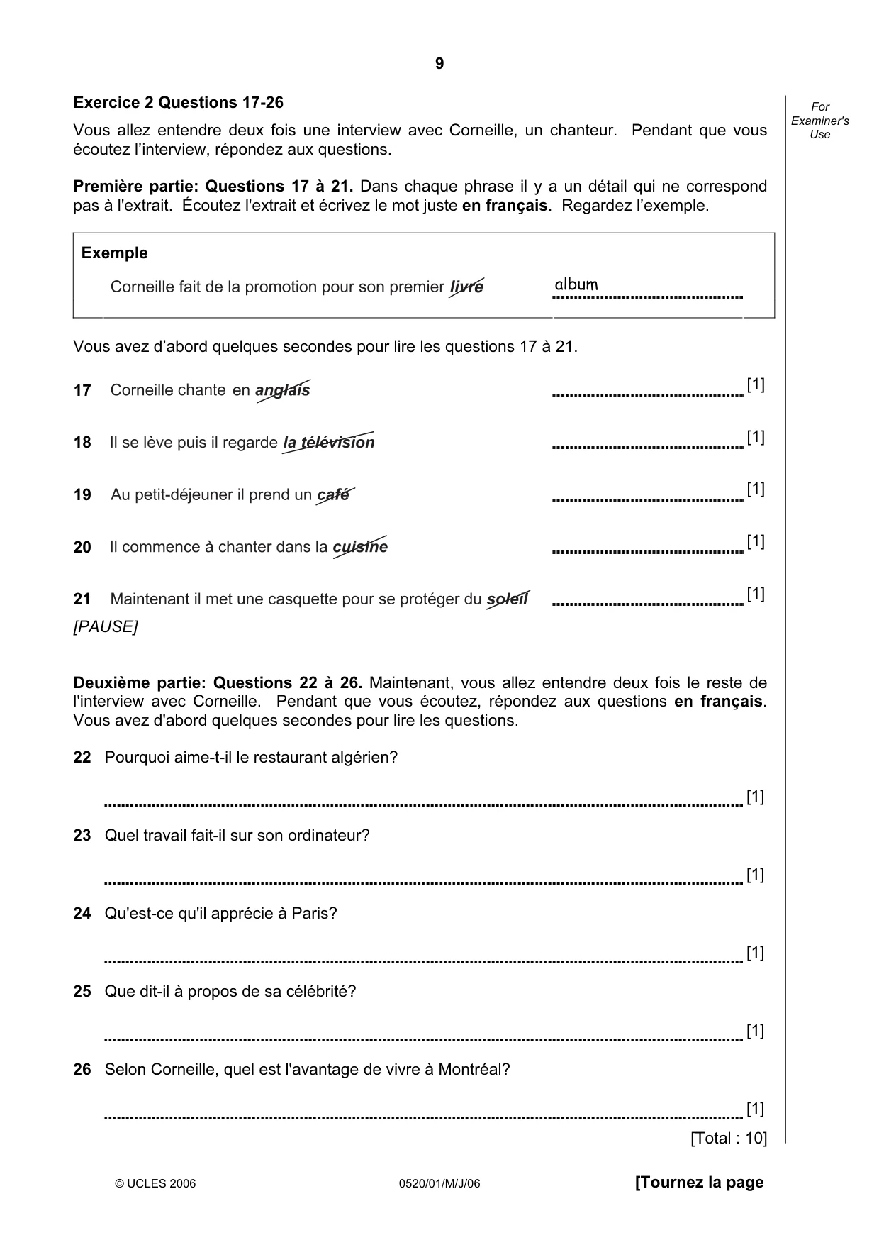 Cambridge IGCSE French - Foreign Language 0520 2006 May/June Paper 1 · Variant 1 question paper, page 9 of 12