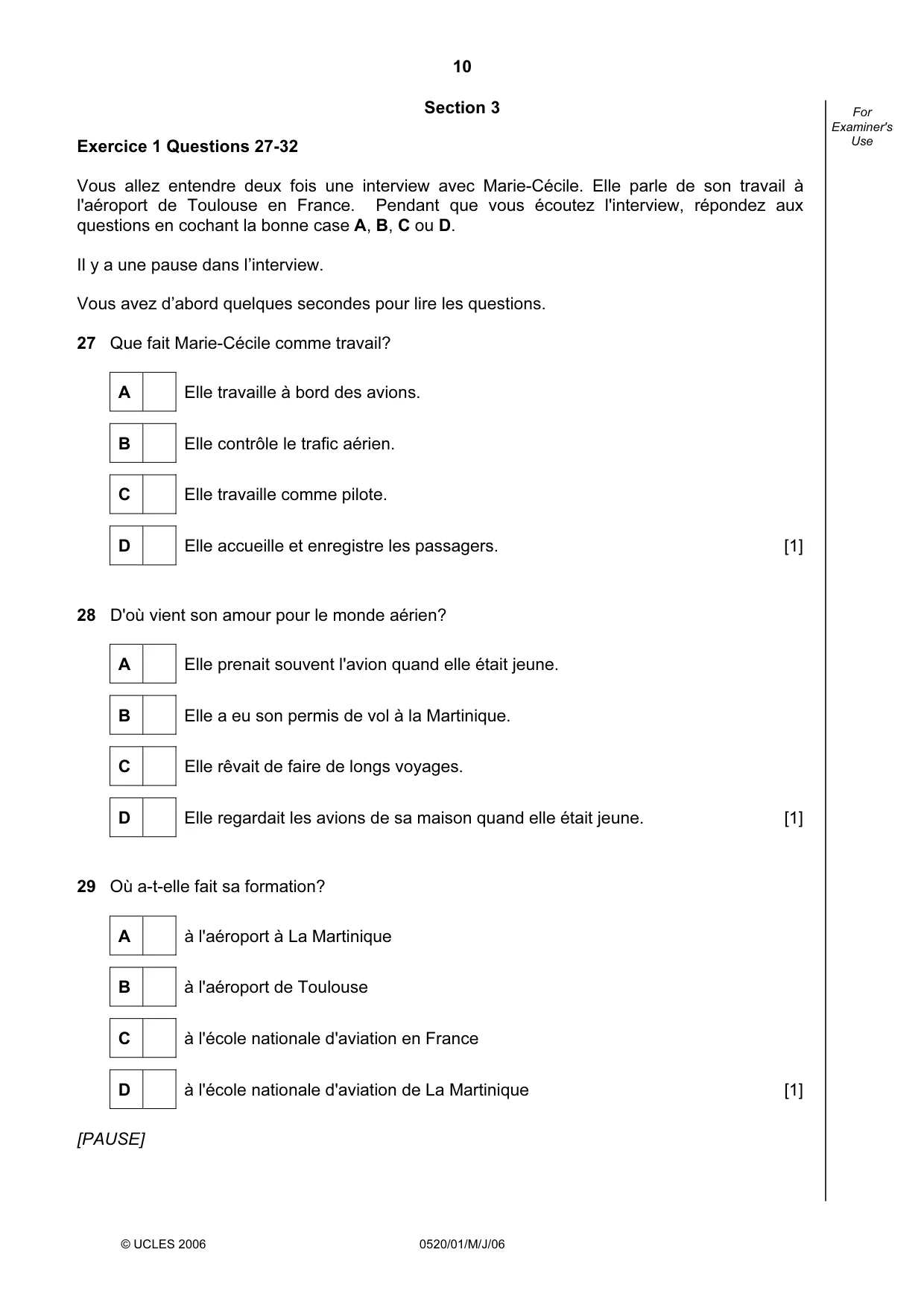 Cambridge IGCSE French - Foreign Language 0520 2006 May/June Paper 1 · Variant 1 question paper, page 10 of 12