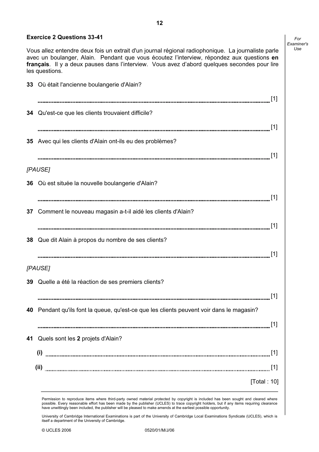 Cambridge IGCSE French - Foreign Language 0520 2006 May/June Paper 1 · Variant 1 question paper, page 12 of 12