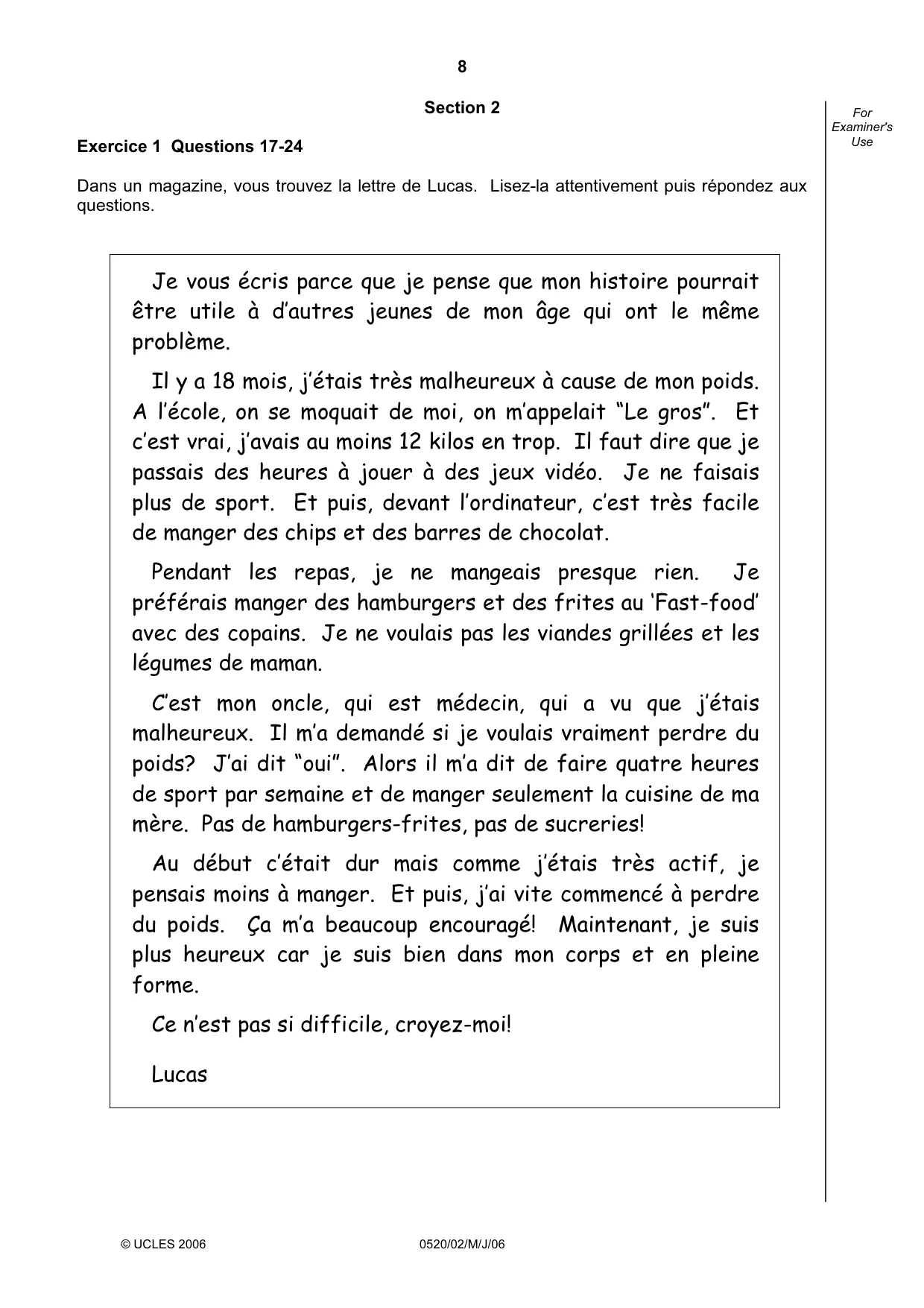 Cambridge IGCSE French - Foreign Language 0520 2006 May/June Paper 2 · Variant 1 question paper, page 8 of 16